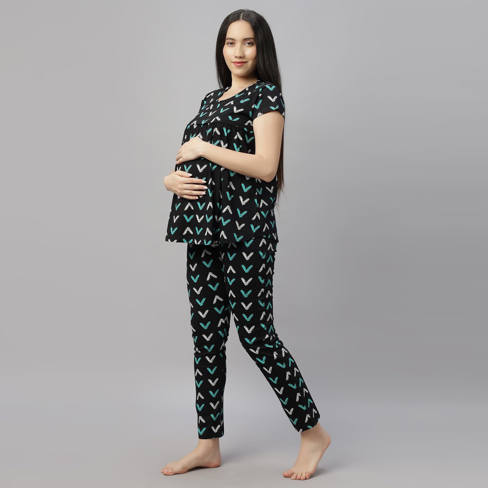 DZZO Women's Cotton Printed Maternity Night Suit | Comfortable Feeding Night Dress | Soft & Breathable Nursing Pajama Set | Color - Black, Size - L - Image 2 thumbnail
