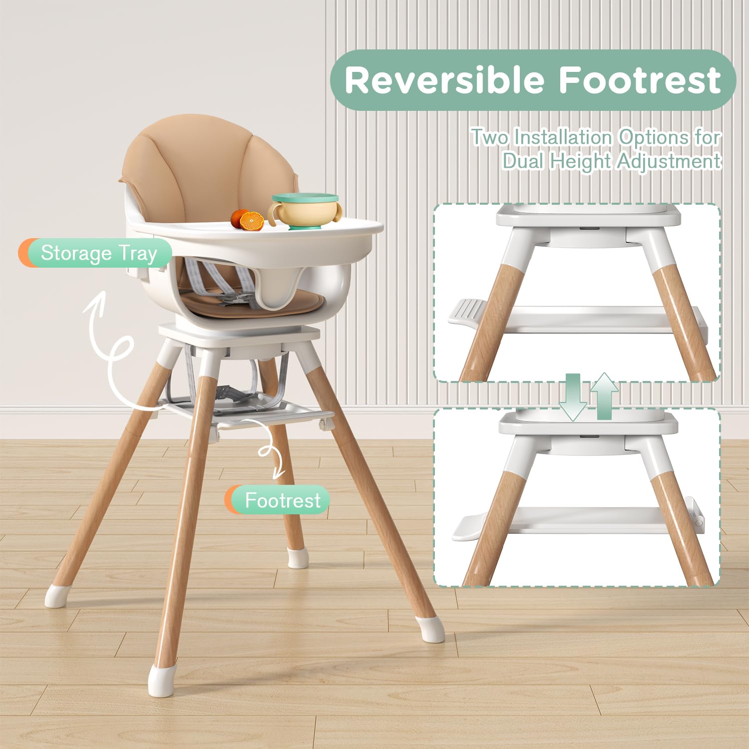 EROMMY 360° Swivel Baby High Chair,6-in-1 Convertible Wooden High Chair for Babies and Toddlers-Baby Feeding Chair with 5-Point Harness,Adjustable Highchair Features,Removable Double Tray