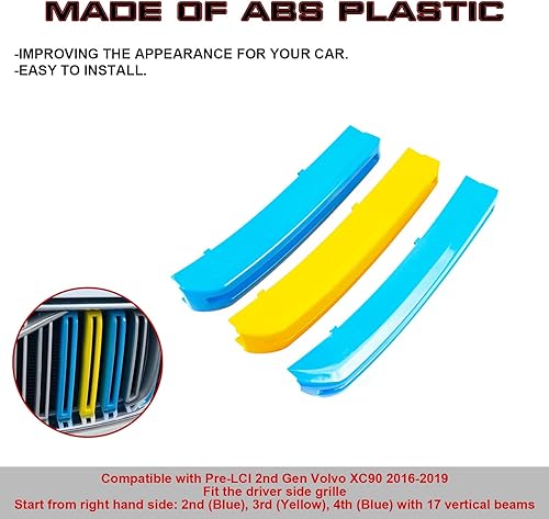 Miniatura 5 de Xotic Tech - Tiras de inserción de triple rejilla de color de bandera de Suecia, rejillas de riñón central frontal compatibles con Volvo XC90