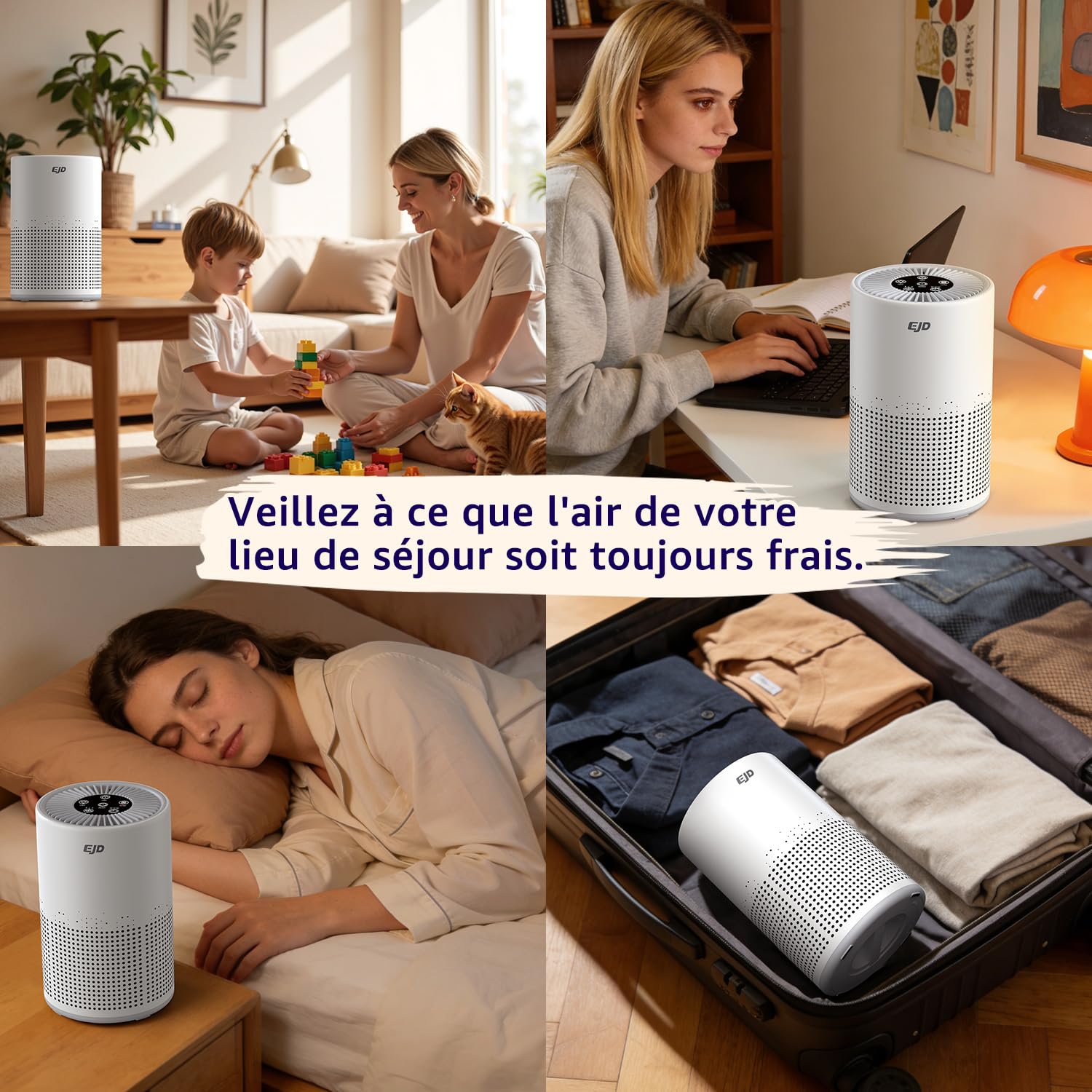 Purificateur d'air silencieux pour chambre à coucher, filtre HEPA H13 à 3 niveaux, 3 vitesses, mode nuit (12 dB) pour éliminer le pollen, la poussière, les squames d'animaux et les odeurs.