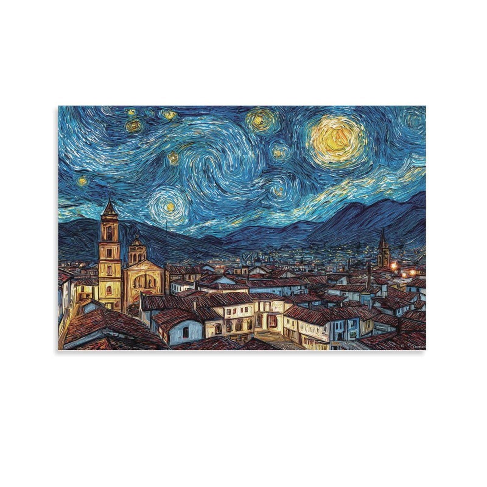 CPLVKWRQJ Starry Night Town Single Town Buildings Under Swirling Starry Sky Framed Canvas Wall Art - Kitchen Removable Wall Art Multi-Purpose Focal Point Decor 08x12inch(20x30cm)