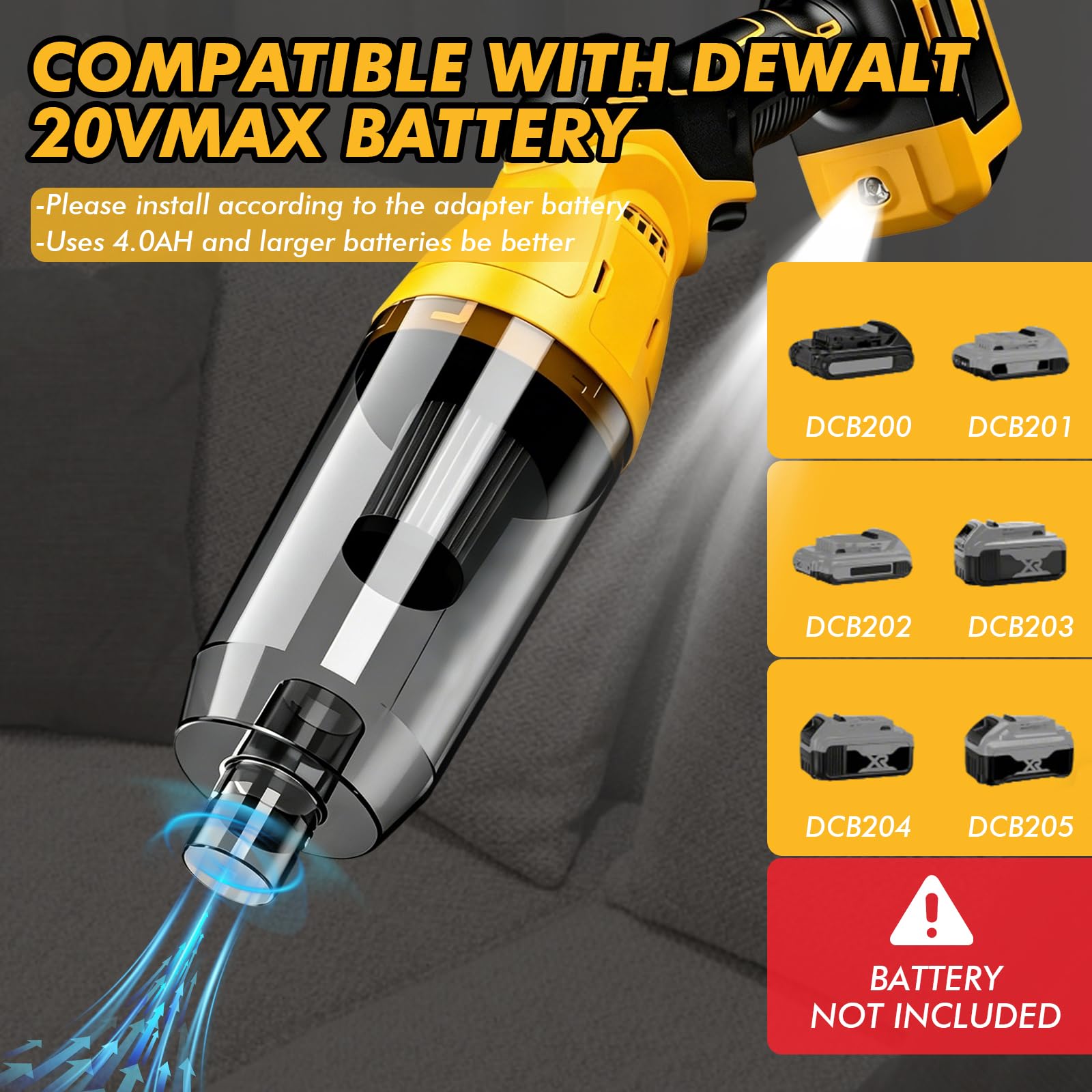 Aspiradora a batería compatible con Dewalt 18 V 20 V, 22000 Pa, aspiradora de mano portátil con 4 boquillas y depósito de polvo de 600 ml, aspiradora multifunción con batería para suelos, alfombras