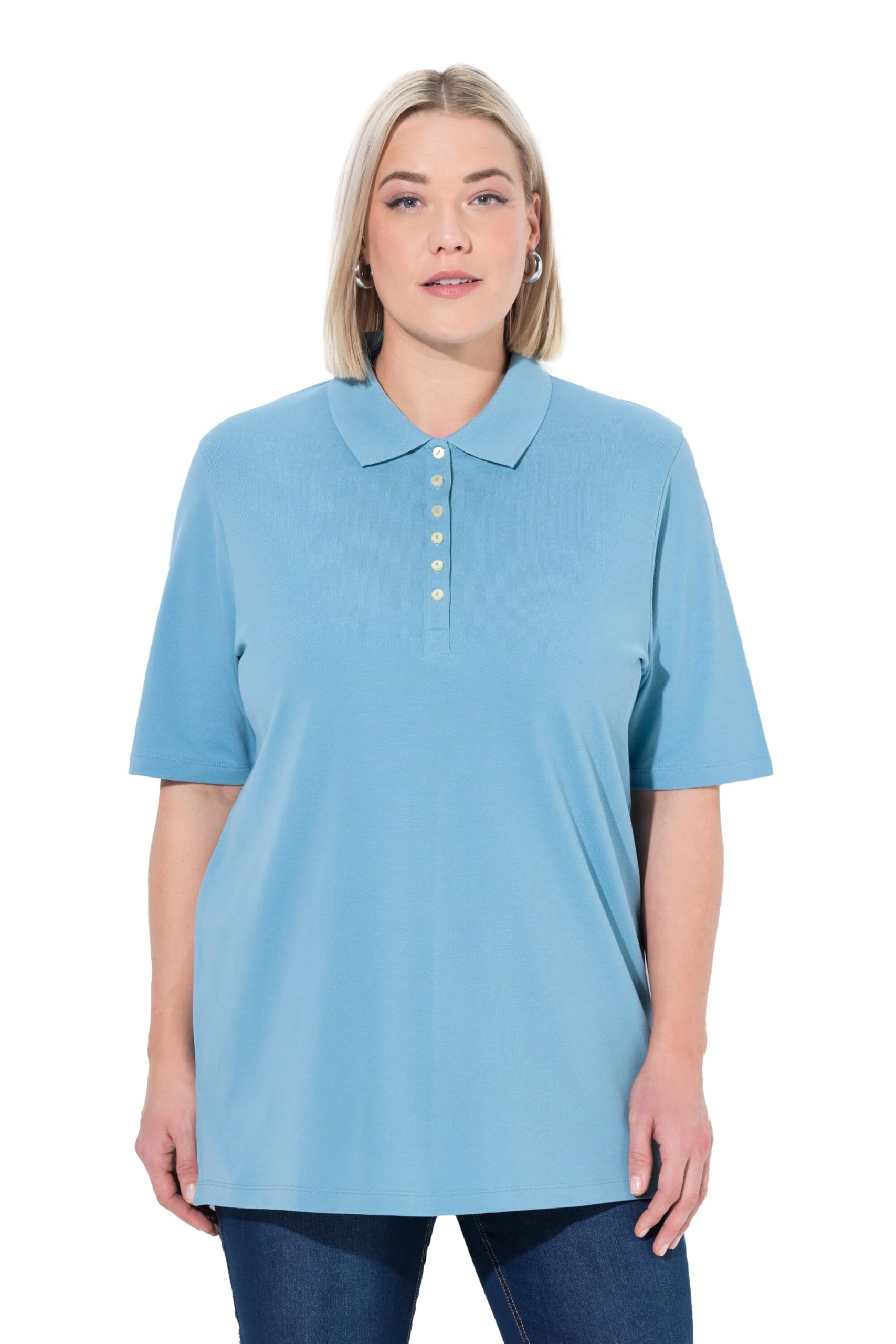 Ulla Popken Women's Pale Petrol Wear Plus Size Curvy Basic Pique Polo Shirt 66+ 637297714-66+