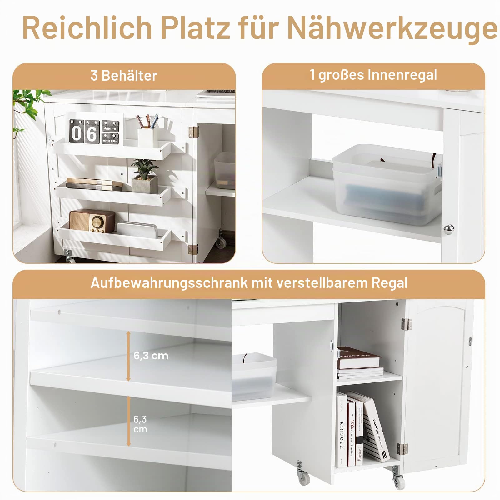 GIANTEX Nähtisch klappbar, Nähschrank auf Rollen, Nähmaschinentisch Nähtisch für Nähmaschine, Nähmaschinenschrank mit Arbeitsplatte & Ablagen & Tür, Mehrzwecktisch Basteltisch Holz 158,5x50x74cm