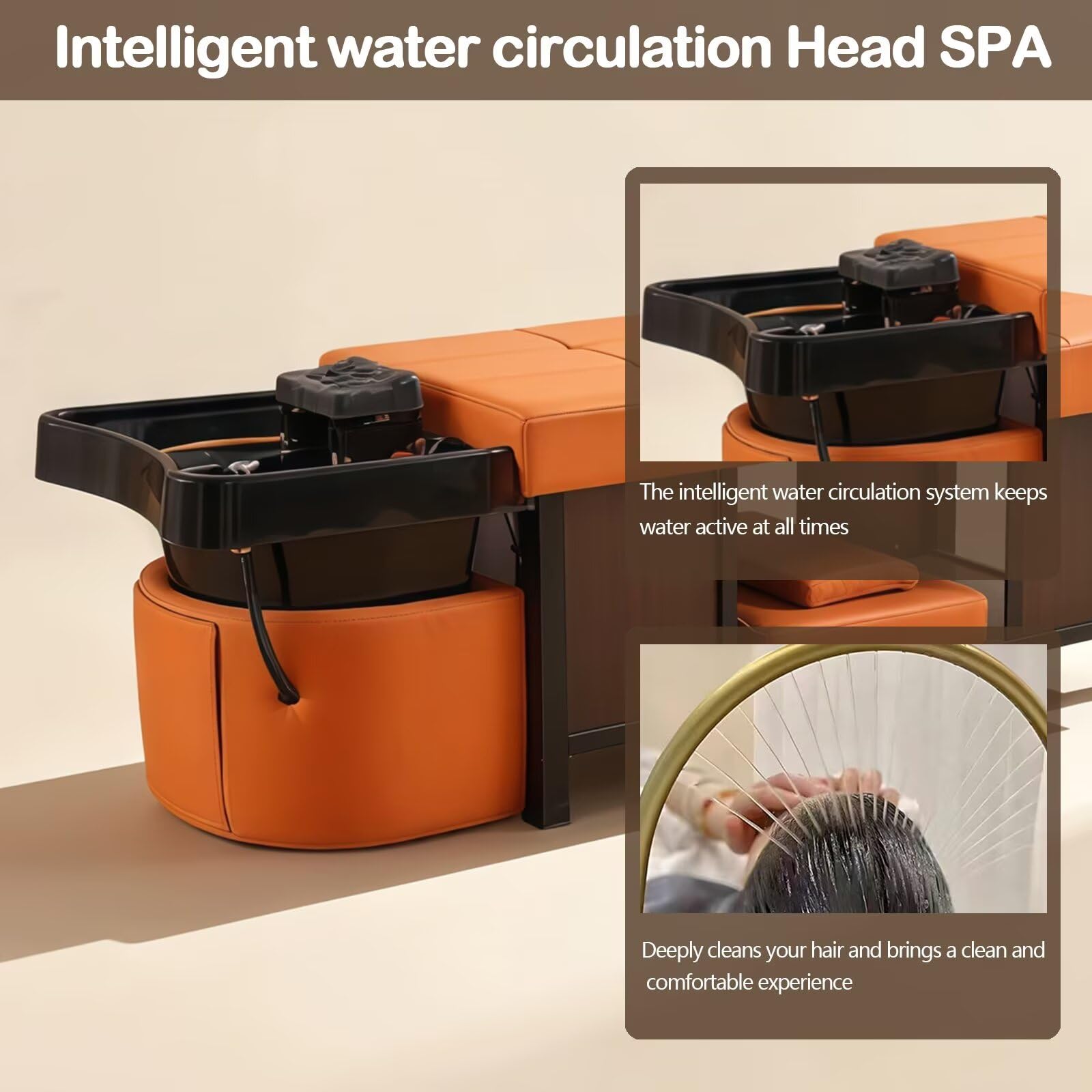 Professionelle Salon-Shampooliege mit Wasserzirkulation, Stauraum, professioneller Shampoofunktion, lebendiger orange-schwarzer Farbgebung, Beauty-Spa-Ausstattung (Schwarz)