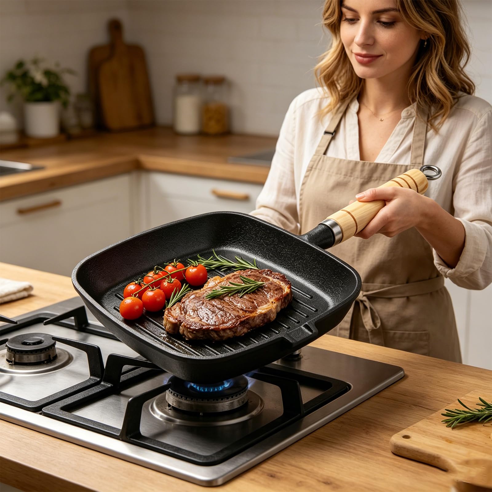Poêle Grill 22x22 cm En Fonte, Poele a Griller avec Bec Verseur et Manche Effet Bois Compatible Induction et Feux, Poêle Fonte Idéale pour Steak Légumes Cuisson Maison Durable