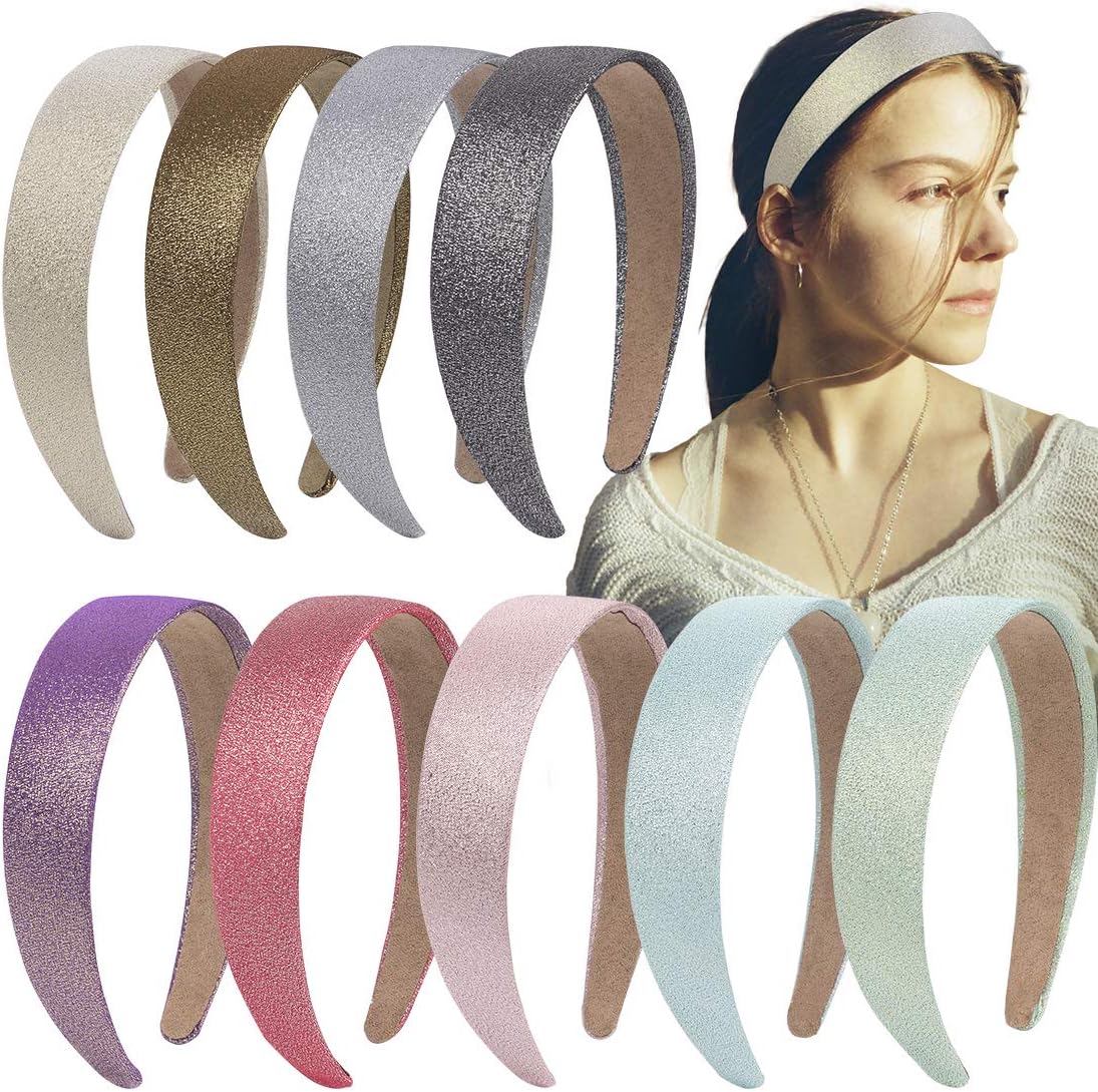 9 Pieces Girls Headbands 3CM Wide Glitter Hairbands Sweet Anti-slip Satin Headbands for Kids Children Teens Girls Women Accessories (9PCS Glitter Fabric Headbands)