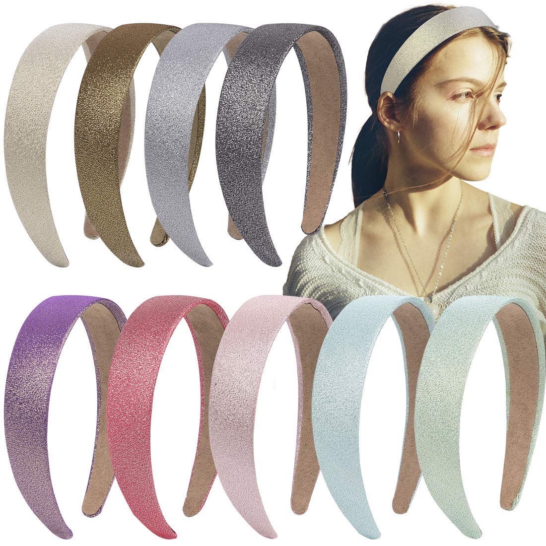 9 Pieces Girls Headbands 3CM Wide Glitter Hairbands Sweet Anti-slip Satin Headbands for Kids Children Teens Girls Women Accessories (9PCS Glitter Fabric Headbands)