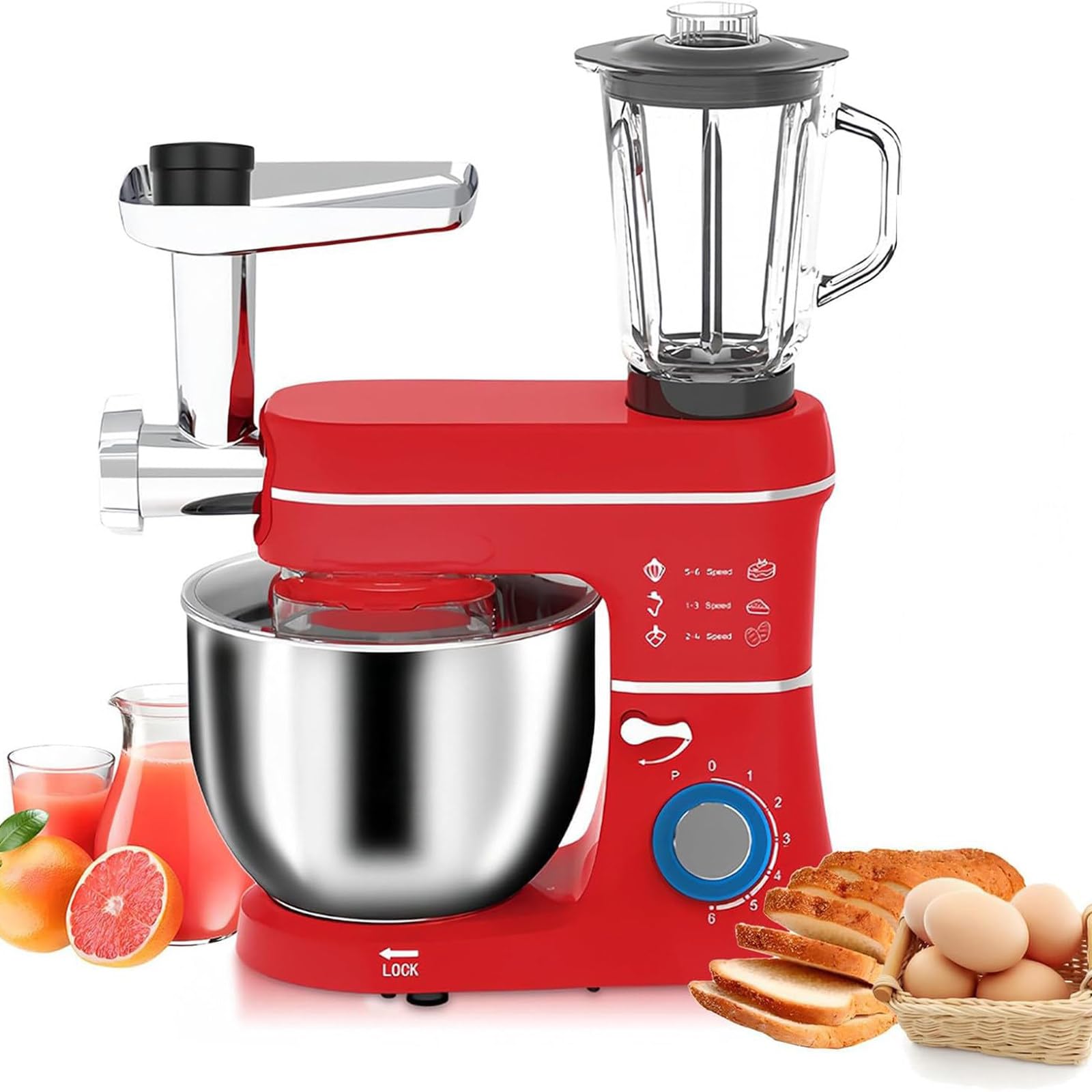 Wielofunkcyjny elektryczny mikser kuchenny, blender, młynek do mięsa, szklany słoik, młynek do mięsa, hak do ciasta, trzepaczka, blender do soku (czerwony)