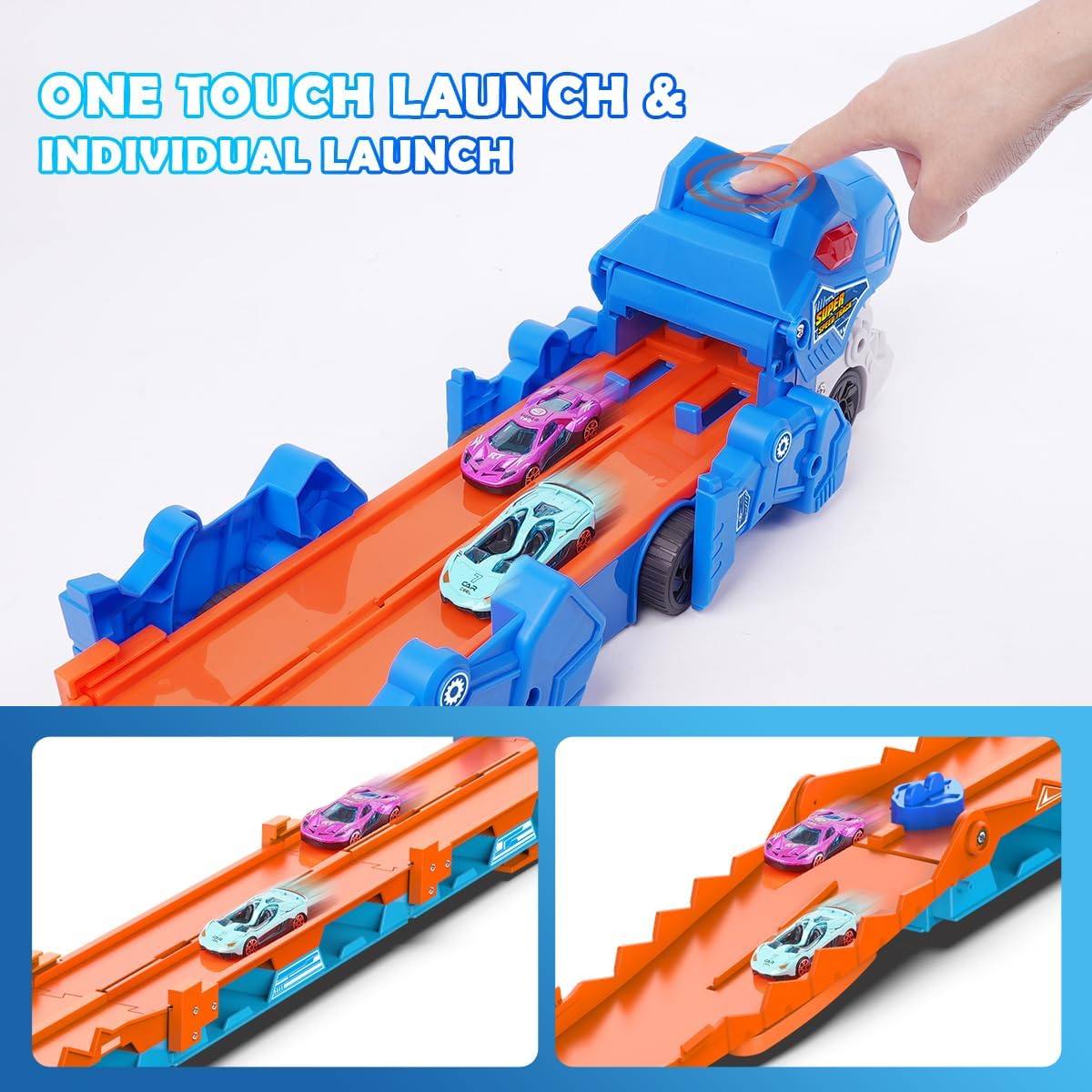 VATOS Toddler Truck Toy - Ejection Folding Dinosaur Track, Portable Truck Car with 8 Race Cars, Best Gift Toy Cars Set for Toddlers 3 4 5 6 7 Years Old