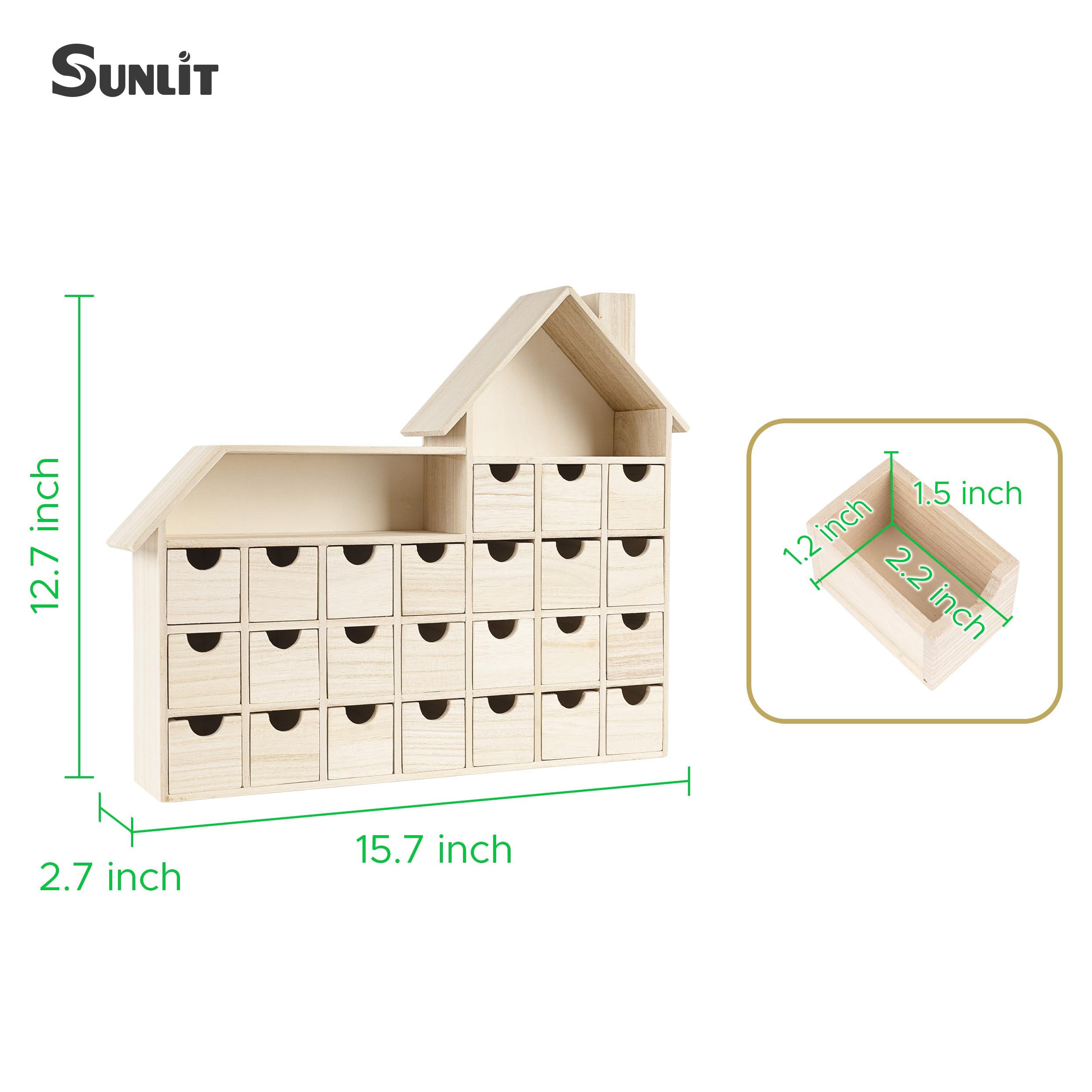 Sunlit Calendario de Adviento de madera de Navidad con cajones, madera sin terminar, calendario de cuenta regresiva en forma de chalet listo para decorar y personalizar | Caja de almacenamiento de