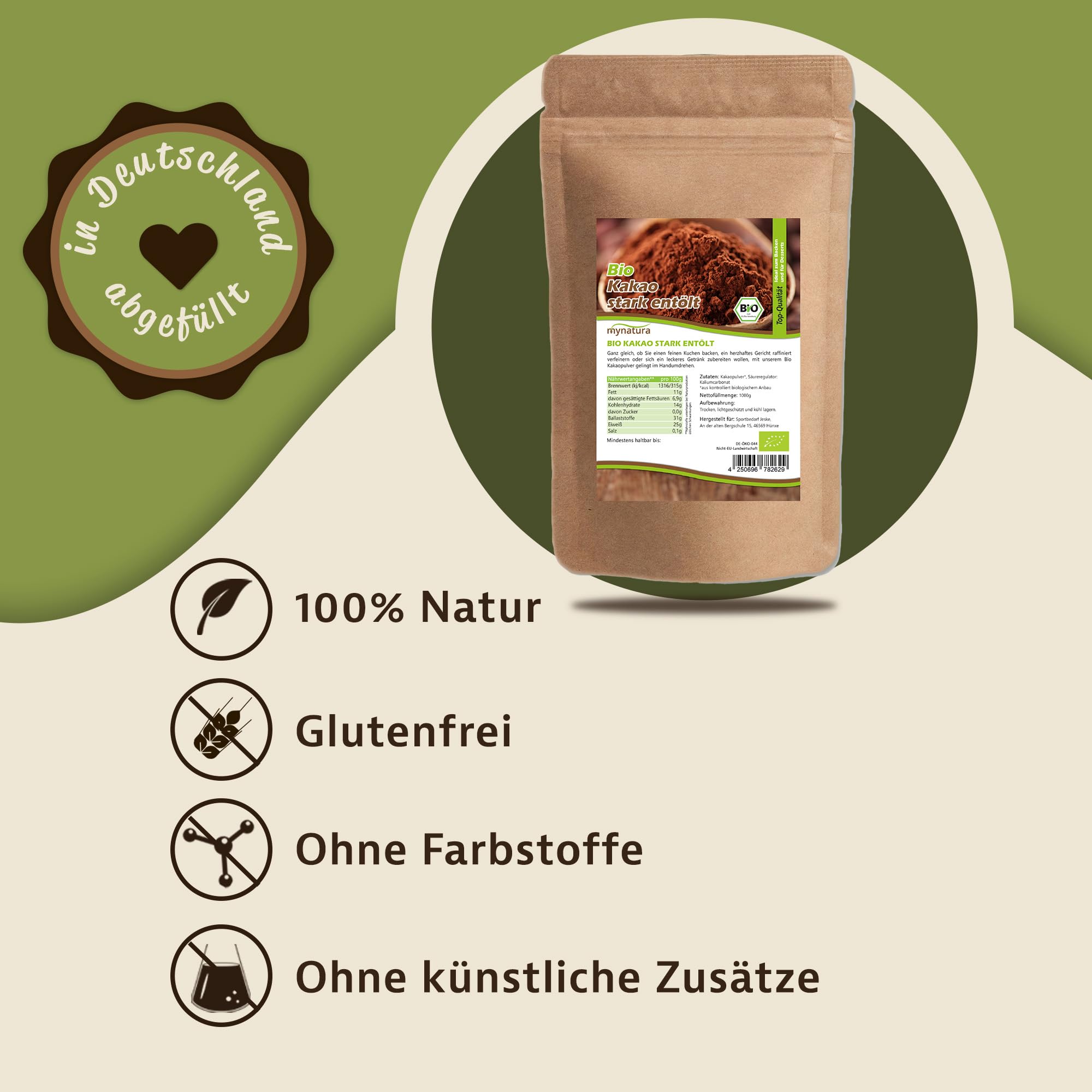 Mynatura Bio Kakao, schwach entölt I Kakaopulver I Cacao I entölt I Backen I Getränk I Kochen I Rein pflanzliches Pulver I Vegan I Im Beutel (3x 1000g)