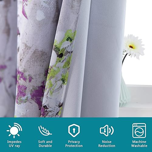Miniatura 10 de MYSKY HOME Cortinas moradas de 90 pulgadas de largo, 2 paneles de cortinas para sala de estar, cortinas de flores y hojas semiopacas para