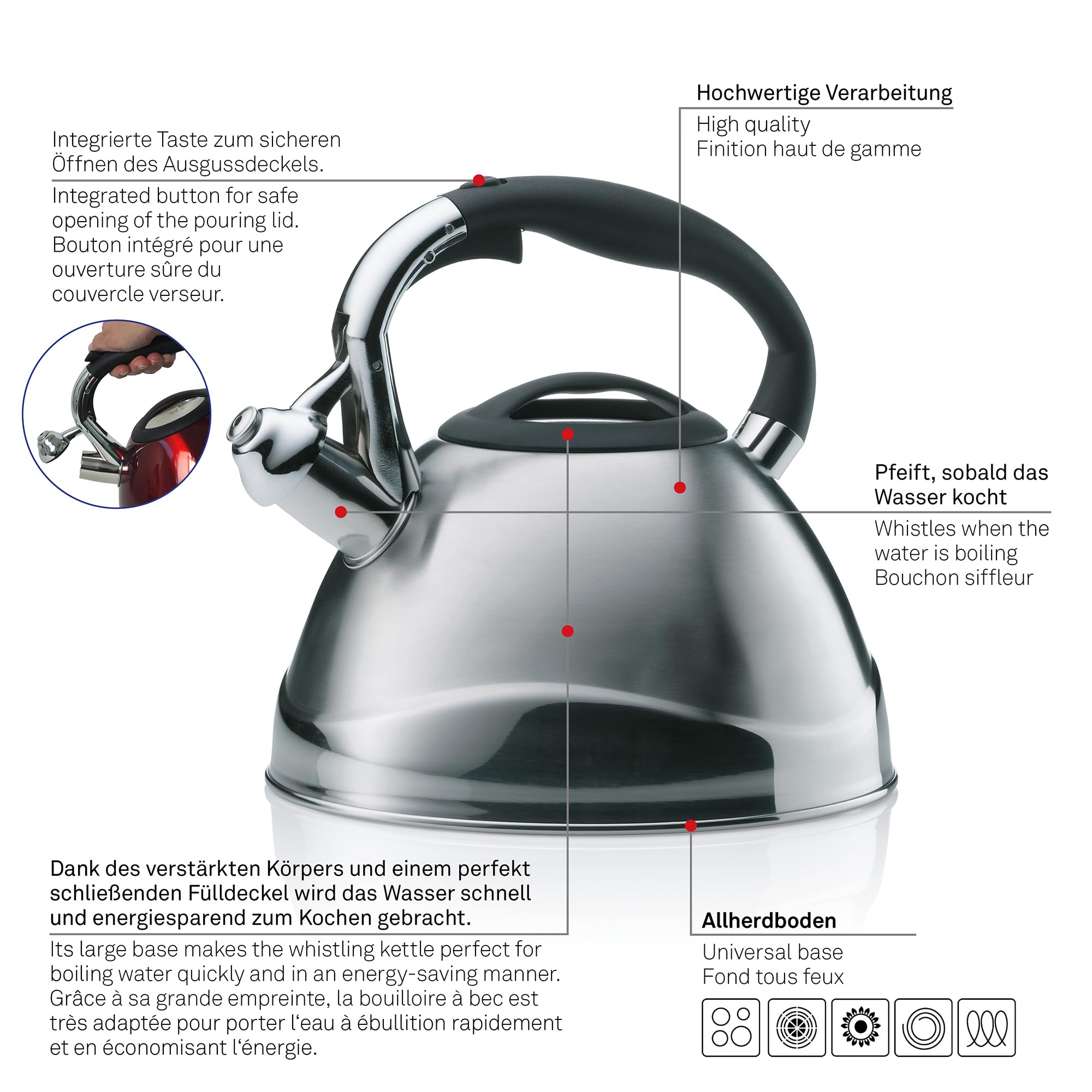 kela Bouilloire à induction 3L, bouilloire à flûte en acier inoxydable, pour tous les types de cuisinières, avec ouverture sécurisée du couvercle verseur par bouton-poussoir, VARUS, noir brillant