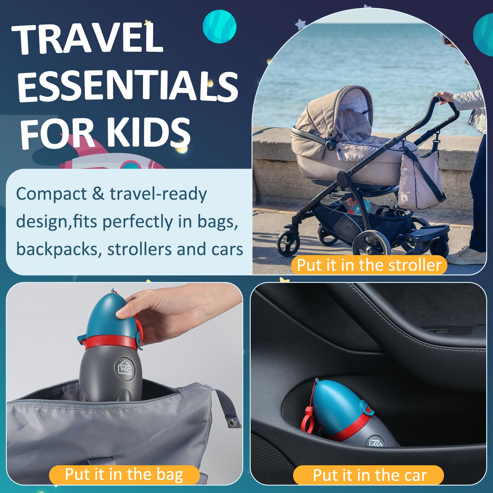 ONEDONE Portable Urinal for Kids Rocket Pee Cup for Kids Emergency Urinal for Toddlers Boys Girls 12.5 OZ Small Pee Bottle for Kid Child Camping Car Travel Potty Training Baby Urinal Teal - 5