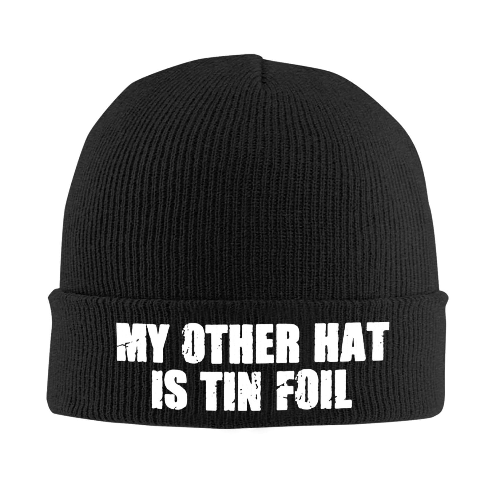 Kwqdozf Unisex Black My Other Hat Is Tin Foil Winter Beanie Hats For Men Women, Warm Cozy Knitted Cuffed Slouchy Skull Cap Ski Hat,