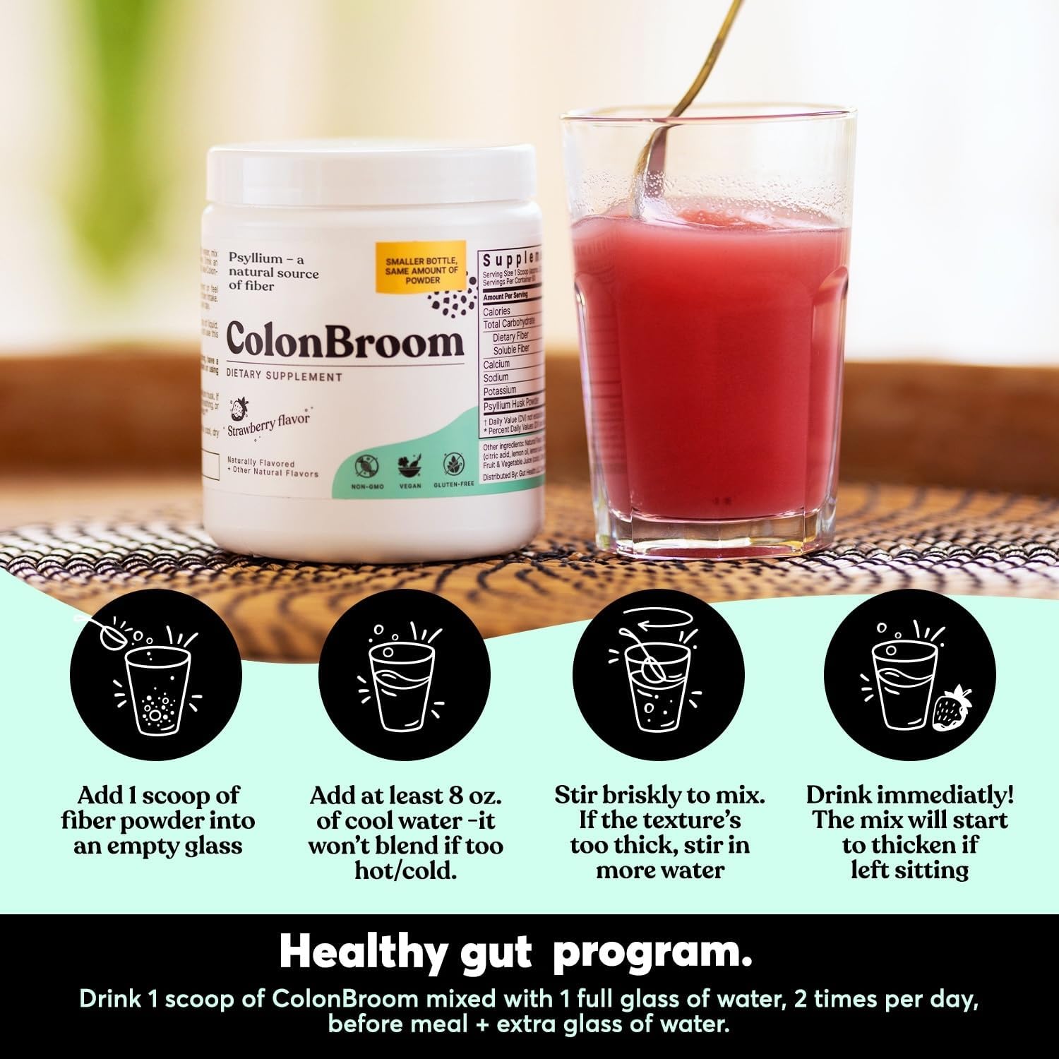ColonBroom Psyllium Husk Powder (Strawberry) - Colon Cleanse for Bloating Relief & Gut Health - Colon Broom Fiber Powder Drink - Vegan, Gluten Free, Non-GMO Fiber Powder Supplement, 50 Servings - Image 7