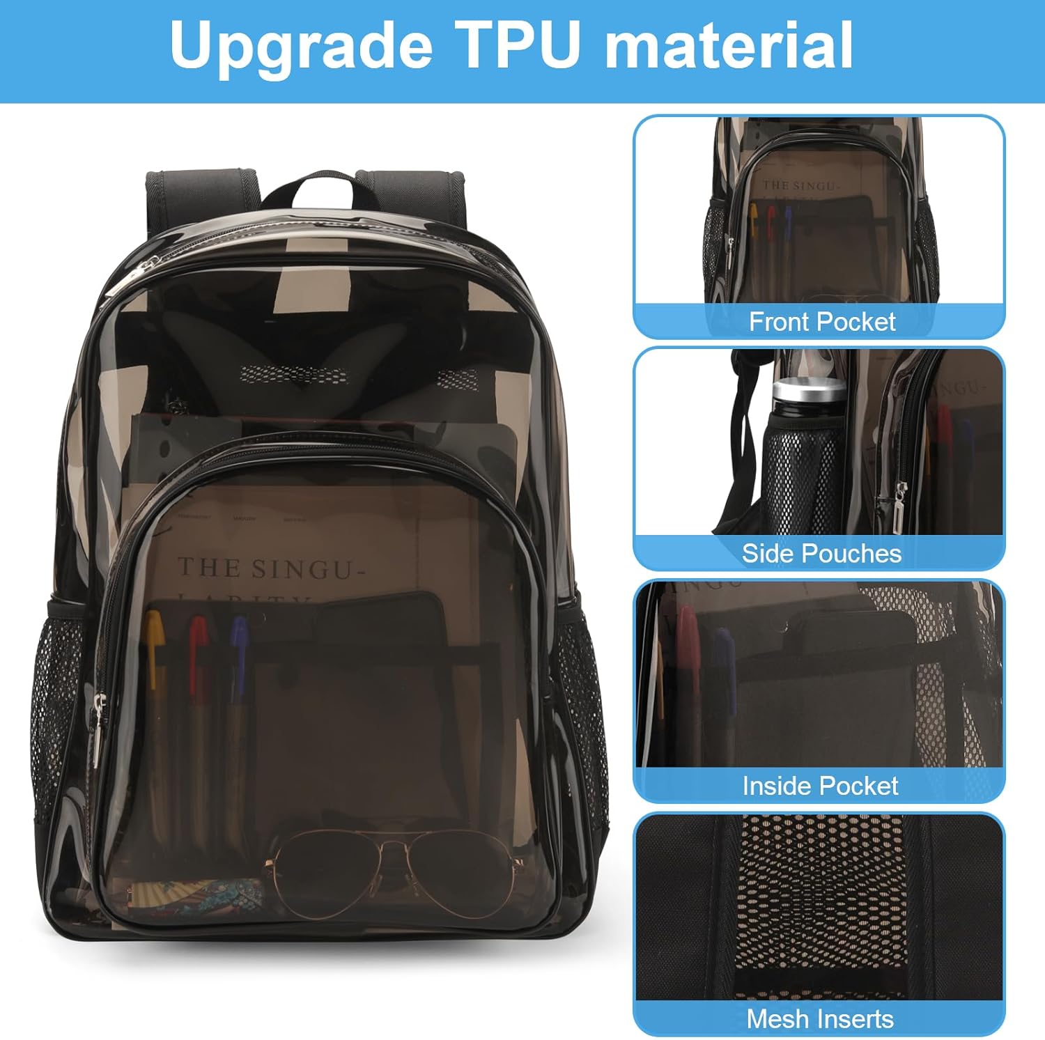 Clear Backpack Heavy Duty For Work XL.TPU Transparent Backpacks for College,Travel,Sporting (Black) - H17.7x''14.1''x6.8'