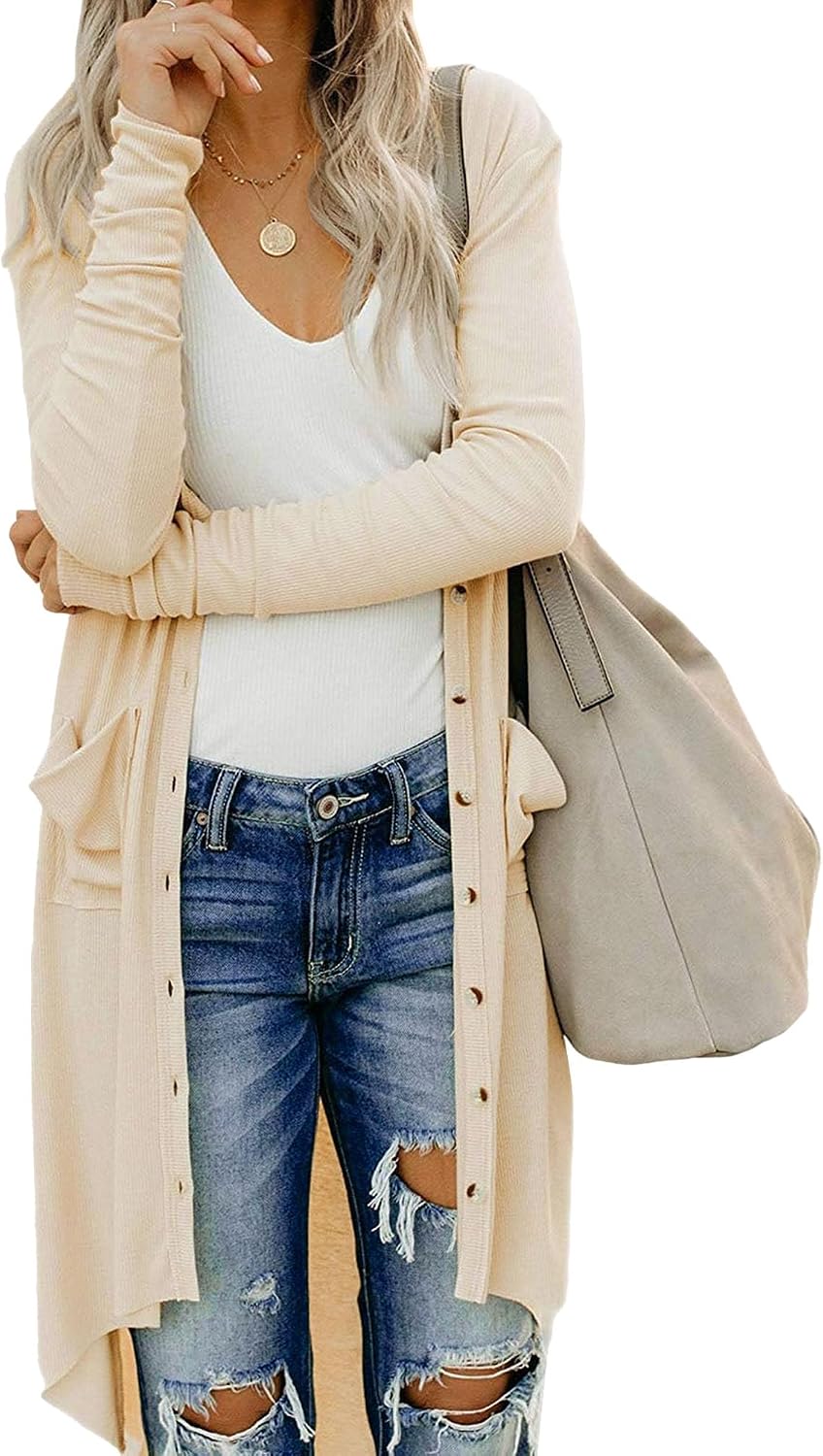 Women's Button Down Stylish Pocket Long Sweater Open Front Comfort Warm Sweater Solid Cardigan Knit Sweaters
