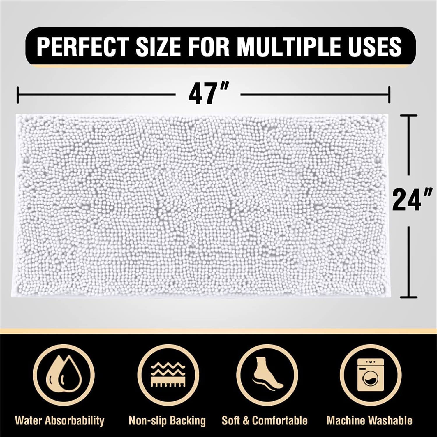 Alfombra de Baño Chenilla Ultra Grueso Alfombra Baño Microfibra Extra Suave y Absorbente Alfombra Antideslizante Alfombra de Ducha de Secado Rápido Lavable (Blanco,120 x 43 cm)