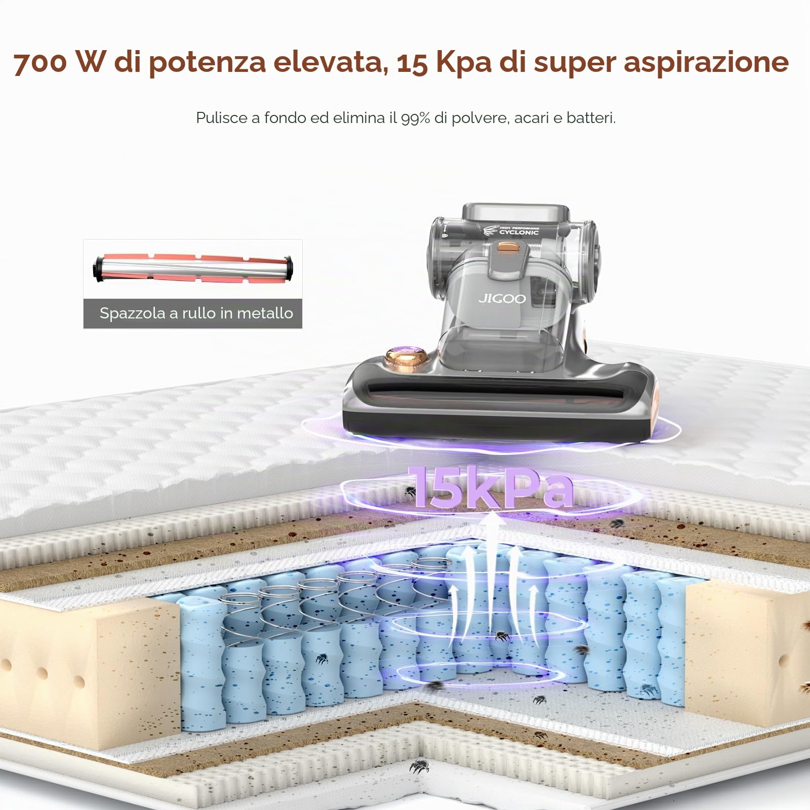JIGOO Battimaterasso, Aspiratore acaro per materassi con luce UV, Autentico 700W/15 kpa, Antiacari rimuove il 99,9%, Indicatore LED, Basso rumore (Grigio)