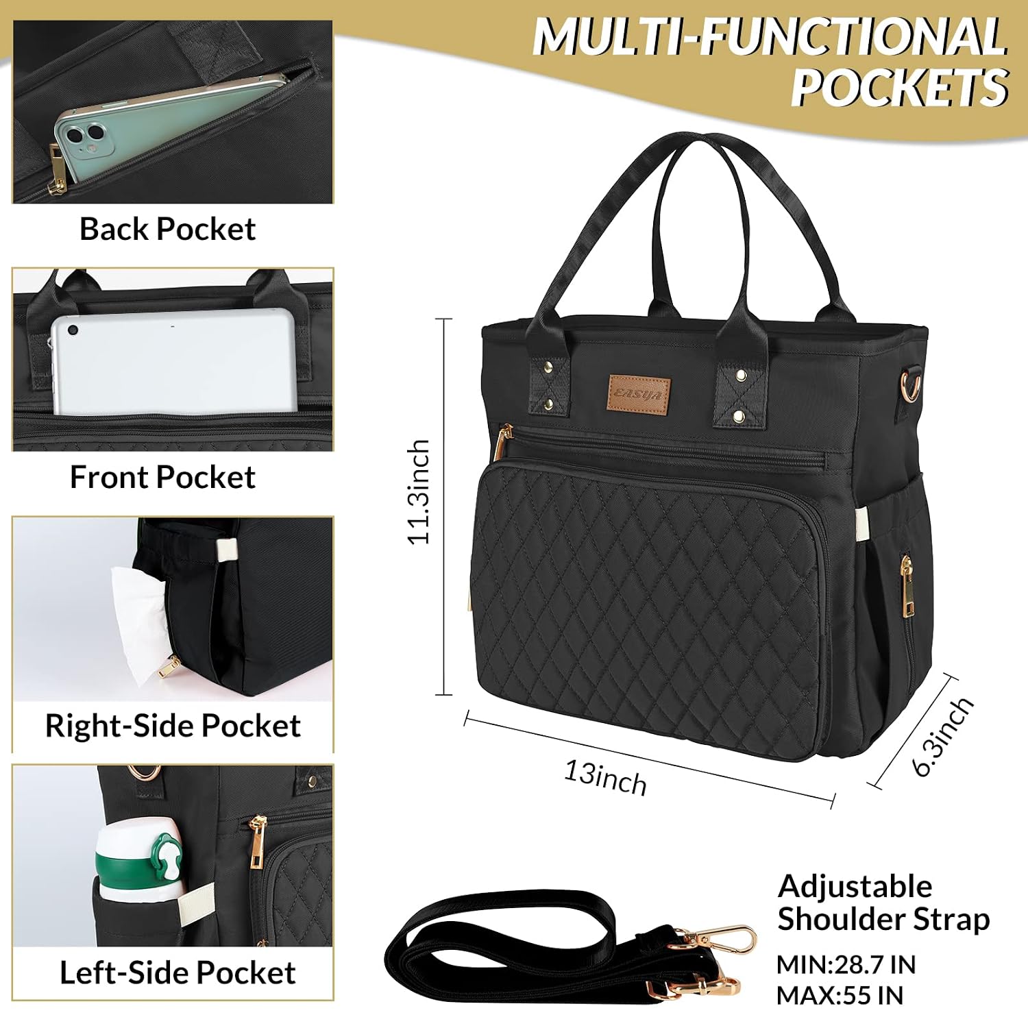 EASYA Large Insulated Lunch Bag for Work, Women's Nylon Thermal Lunch Box, Leakproof Cooler Tote Bag with Storage Pocket (Black), view 2