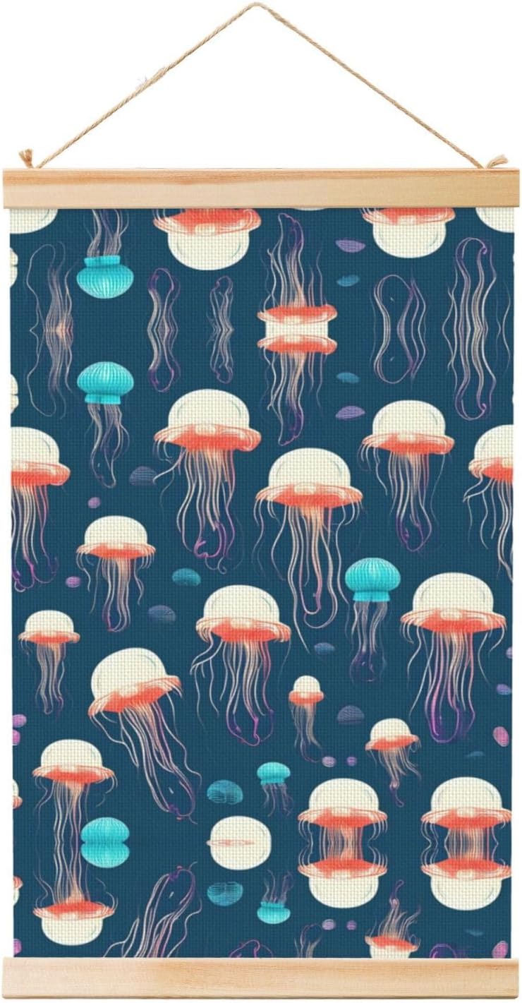 Jellyfish Pattern Print Poster Hanger,Hanging Poster, Poster Frame,Wood Poster Hanger, For Wall Hanging
