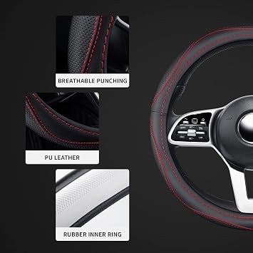 Microfiber Leather 15 Universal Fit Car Steering Wheel Cover, Elastic Breathable and Odorless, Black with Red Accent