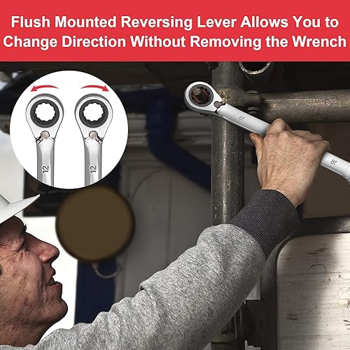 Miniatura 3 de Towallmark Juego de llaves combinadas de trinquete reversibles, juego estándar de 12 piezas métricas de 0.315 in-0.748 in, acero CR-V, llave de