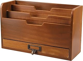 Rustic Wooden Desk Organizer - Vertical File Sorter with 3 Compartments & 1 Paper Tray Drawer - Mahogany Wood