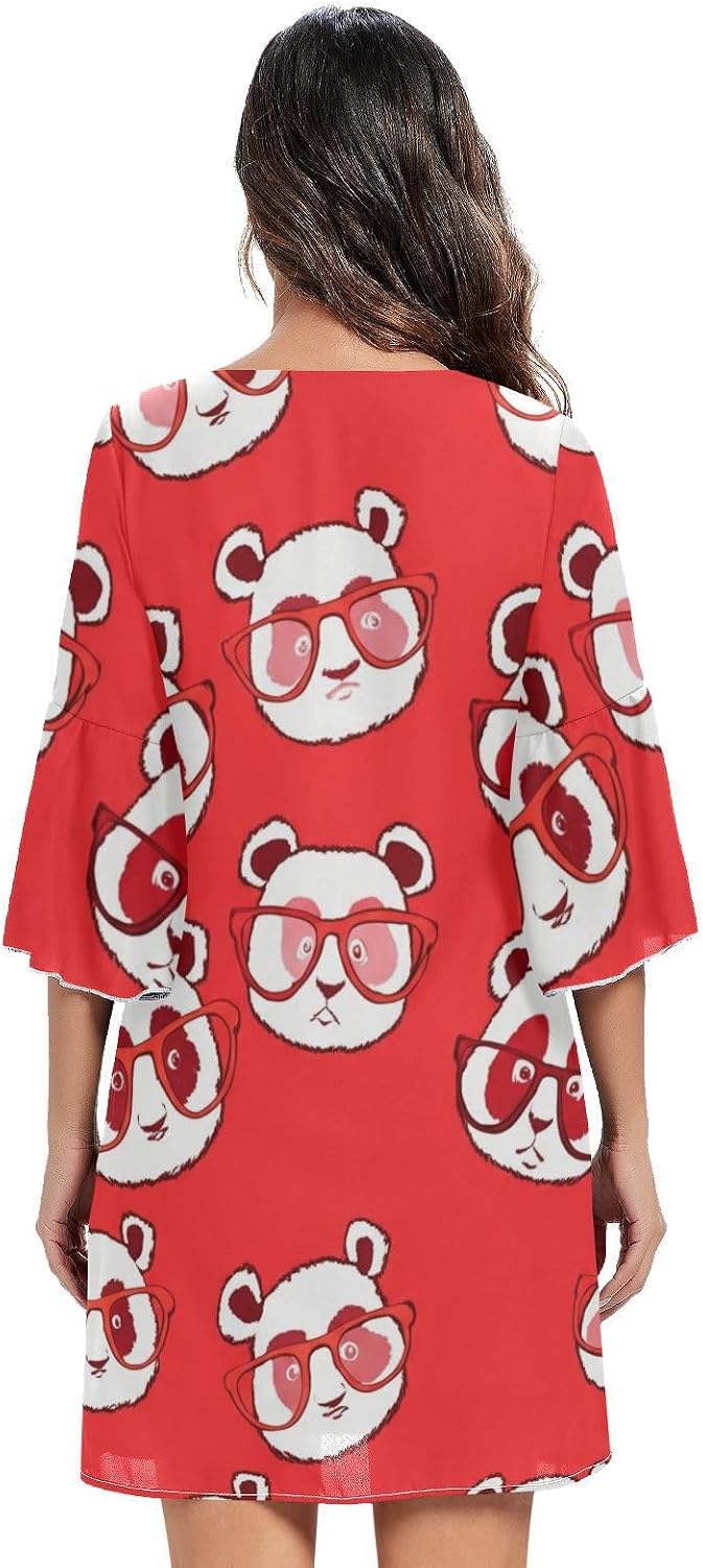 Panda Animals Glasses Red V Line Dress 3/4 Sleeve Chiffon Beach Dress S-XXL