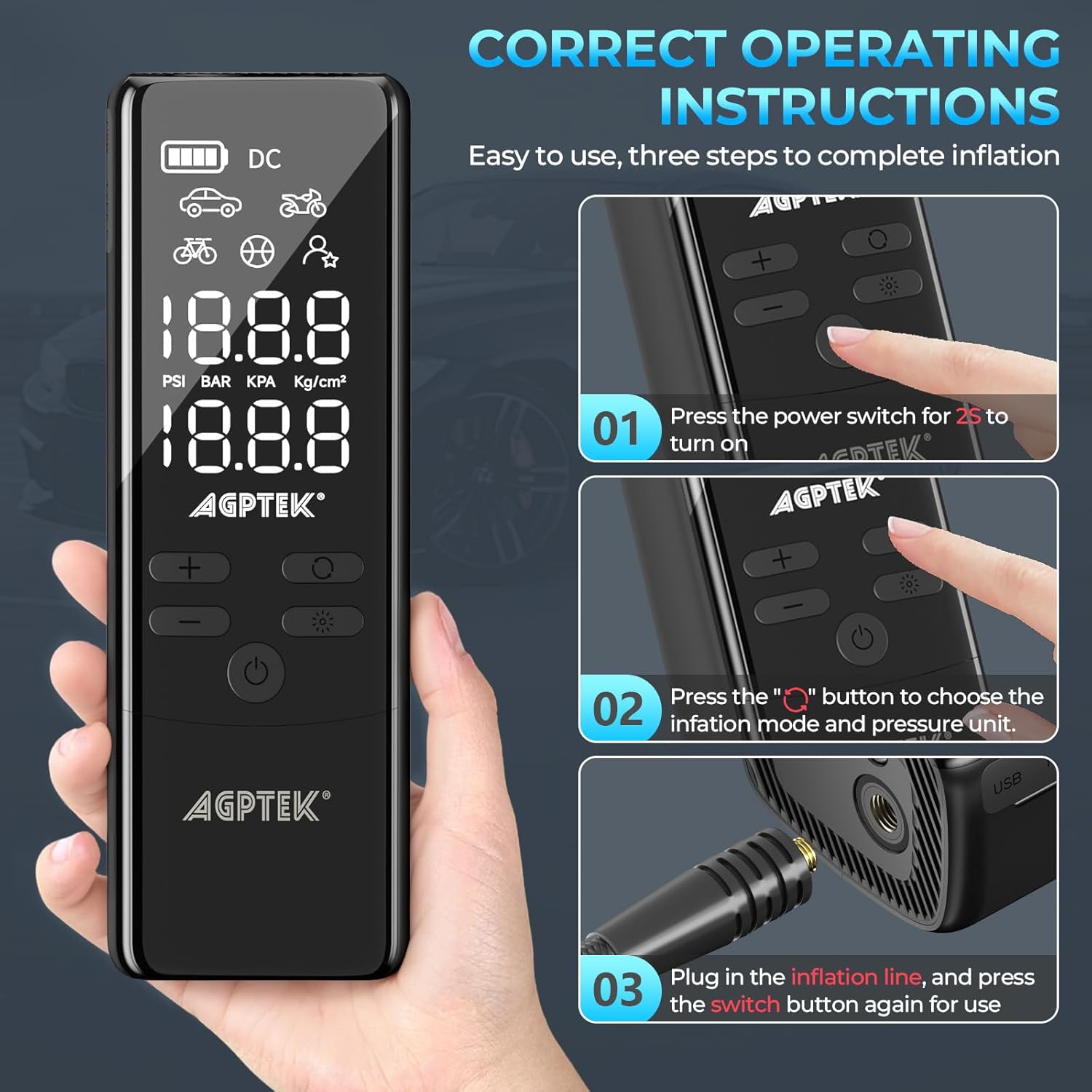 Tire Inflator Portable Air Compressor-Tire Pressure Gauge Electric Air Pump,LCD Display with LED Light for Cars, Bikes & Motorcycle Tires (10000mAh)
