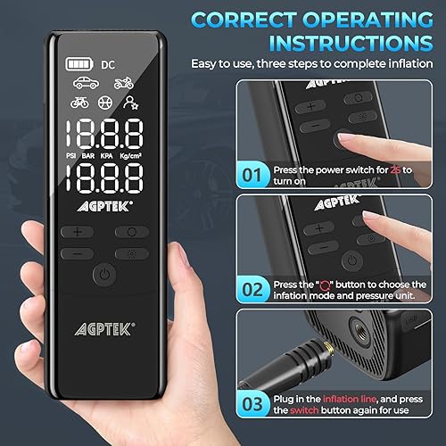 Miniatura 5 de AGPTEK Inflador de neumáticos, compresor de aire portátil, 150 PSI y 7500 mAh y 12 V CC, bomba de aire eléctrica, pantalla LCD con luz LED para