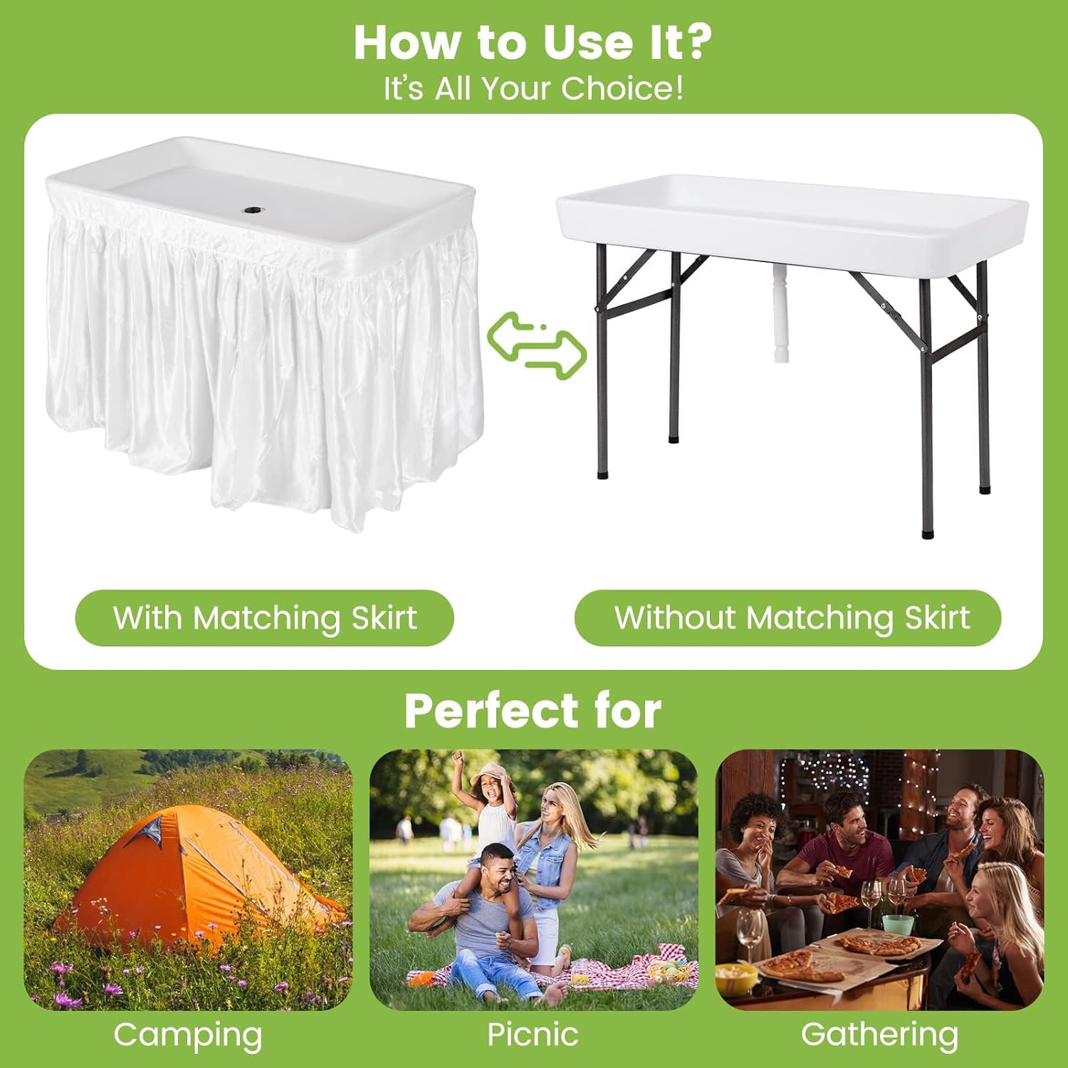 Giantex Folding Ice Table with Drain, 4 ft Portable Cooler with Removable Skirt, No Assembly, Fill and Chill Table for Food Drink Beverage, Foldable Party Ice Bin for Camping BBQ Outdoor, White