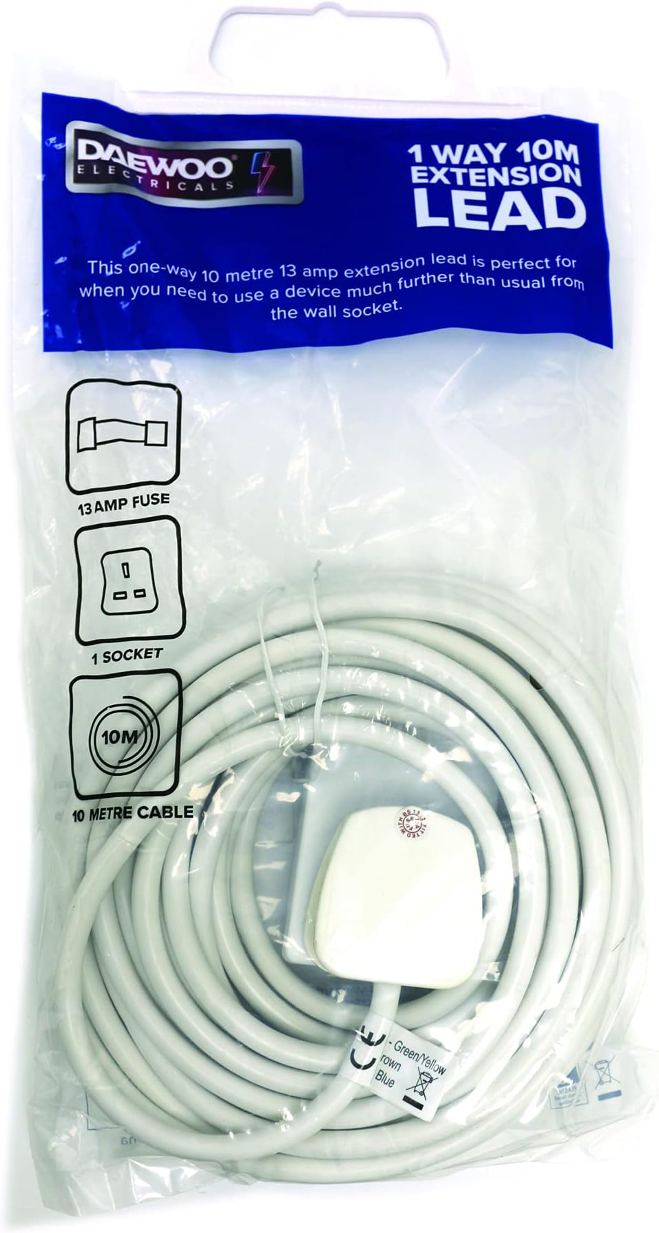 Daewoo 1 Gang, 10 Metre Extension Cable With Power On Indicator