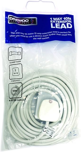 Pifco 1 Way UK 3Pin Plug 13A 250V Extension Lead, 10 Metre, White