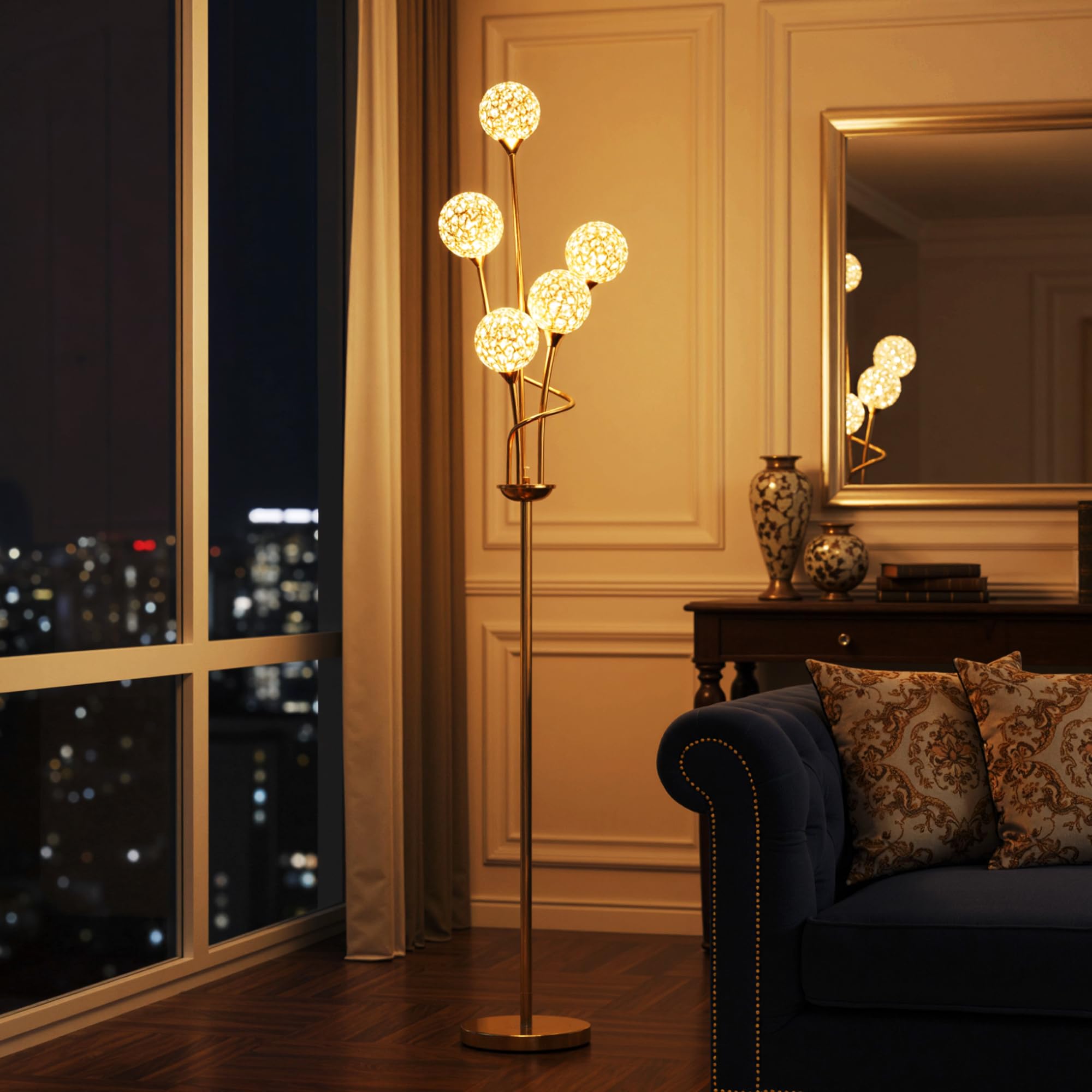 HOMCOM 5-Light Upright Floor Lamps for Living Room with Acrylic Lampshade, Modern Standing Lamp for Bedroom, Bulb not Included, Gold Tone
