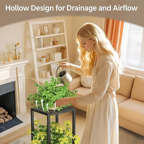 Miniatura 6 de LASZOLA Soporte para plantas de metal negro de 2 niveles para interiores y exteriores con rueda para maceta grande, estante moderno y resistente