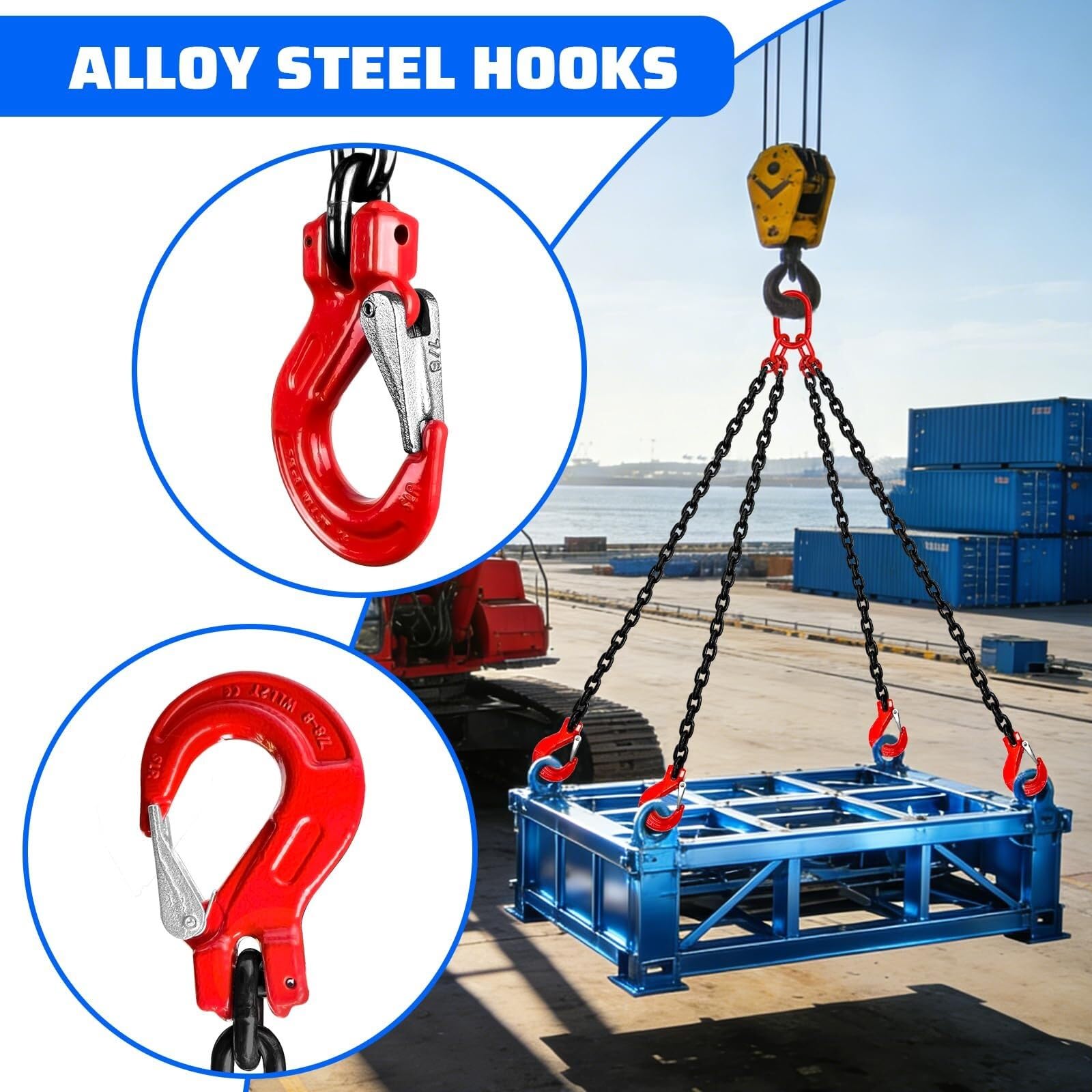 gancho de elevación Eslinga de cadena Cadenas de elevación 4 patas Ganchos de agarre industriales Eslingas de elevación Elevadores de cadena de motor de acero de aleación G80 poleas(1T)