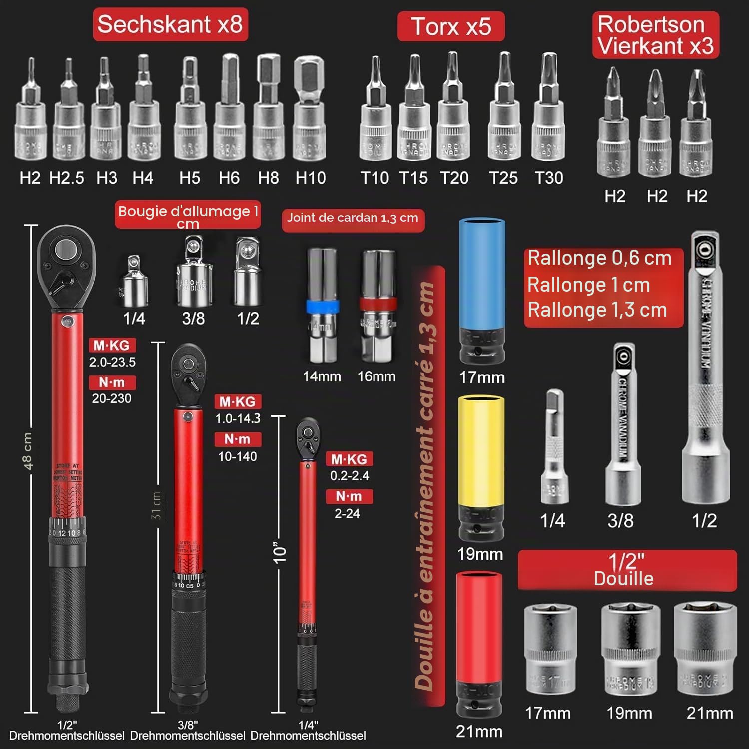 33 Pièces Set de Clés Dynamométriques - 72 Dents, Acier Cr-V, avec Clés 1/2" & 3/8" & 1/4" : 20-230 Nm, 10-140 Nm, 2-24 Nm - Adaptateurs, Douilles, Rallonges - pour Auto, Moto, Vélo, Camion