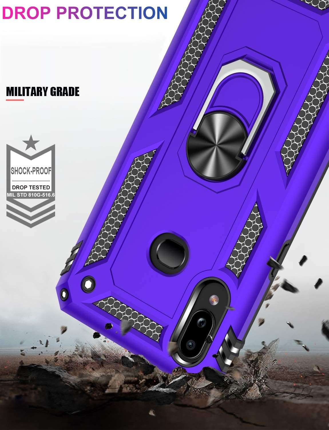 LUMARKE Galaxy A10S Case with Glass Screen Protector(2 Pack),Pass 16ft Drop Test Military Grade Heavy Duty Cover with Magnetic Kickstand,Protective Phone Case for Samsung Galaxy A10S Purple