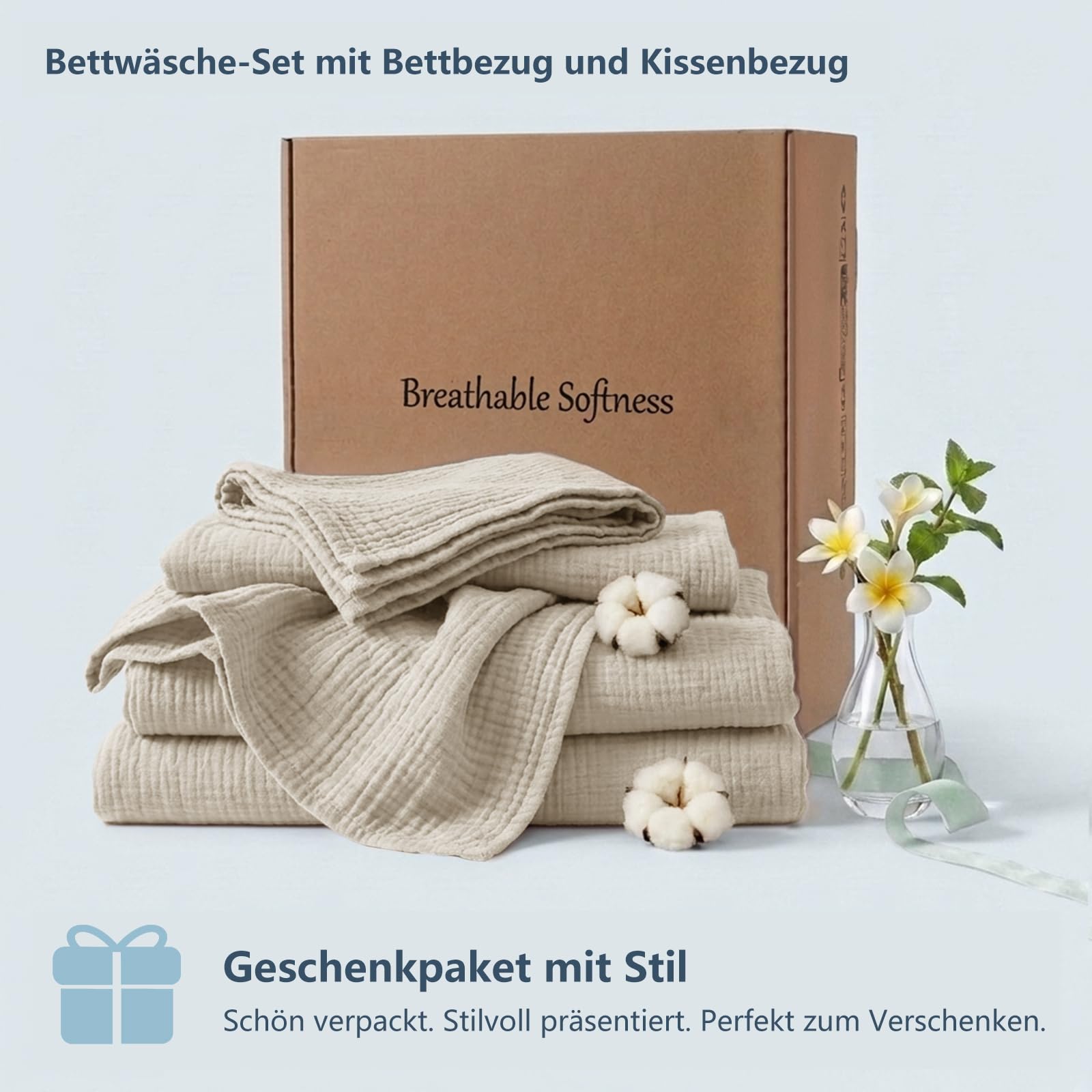 RUIKASI Musselin Bettwäsche 135x200 4teilig - Oeko-TEX Baumwolle Bettwäsche-Sets Beige mit Reißverschluss, atmungsaktive Sommer Bettbezug mit 2 Kissenbezüge 80x80 cm