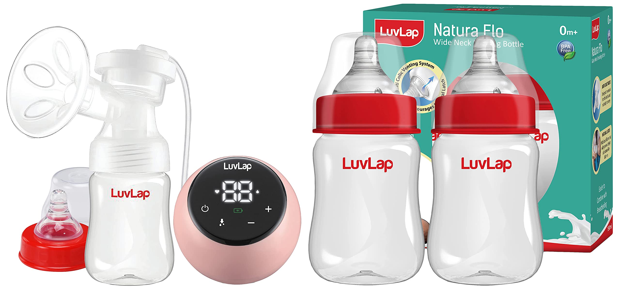 Luvlap Adore Electric Breast Pump with 2 Phase Pumping, 2pcs Breast pads free, & Luvlap Anti-Colic Wide Neck Natura Flo Baby Feeding Bottle, 150ml (Pack of 2),