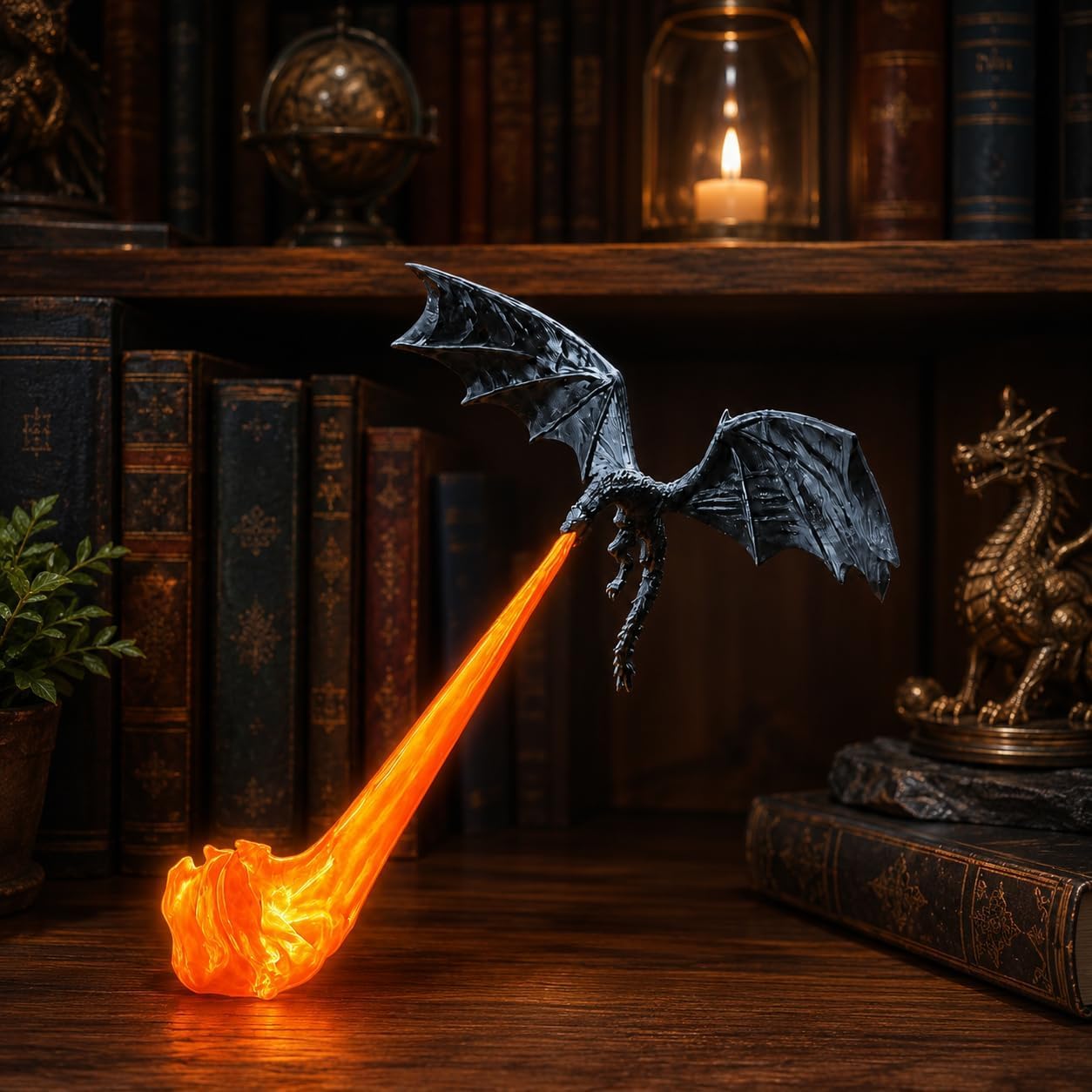 Dragon Bookshelf Nook Light, 3D Printed Fire-Breathing Fantasy Shelf Decor (#1, Large)