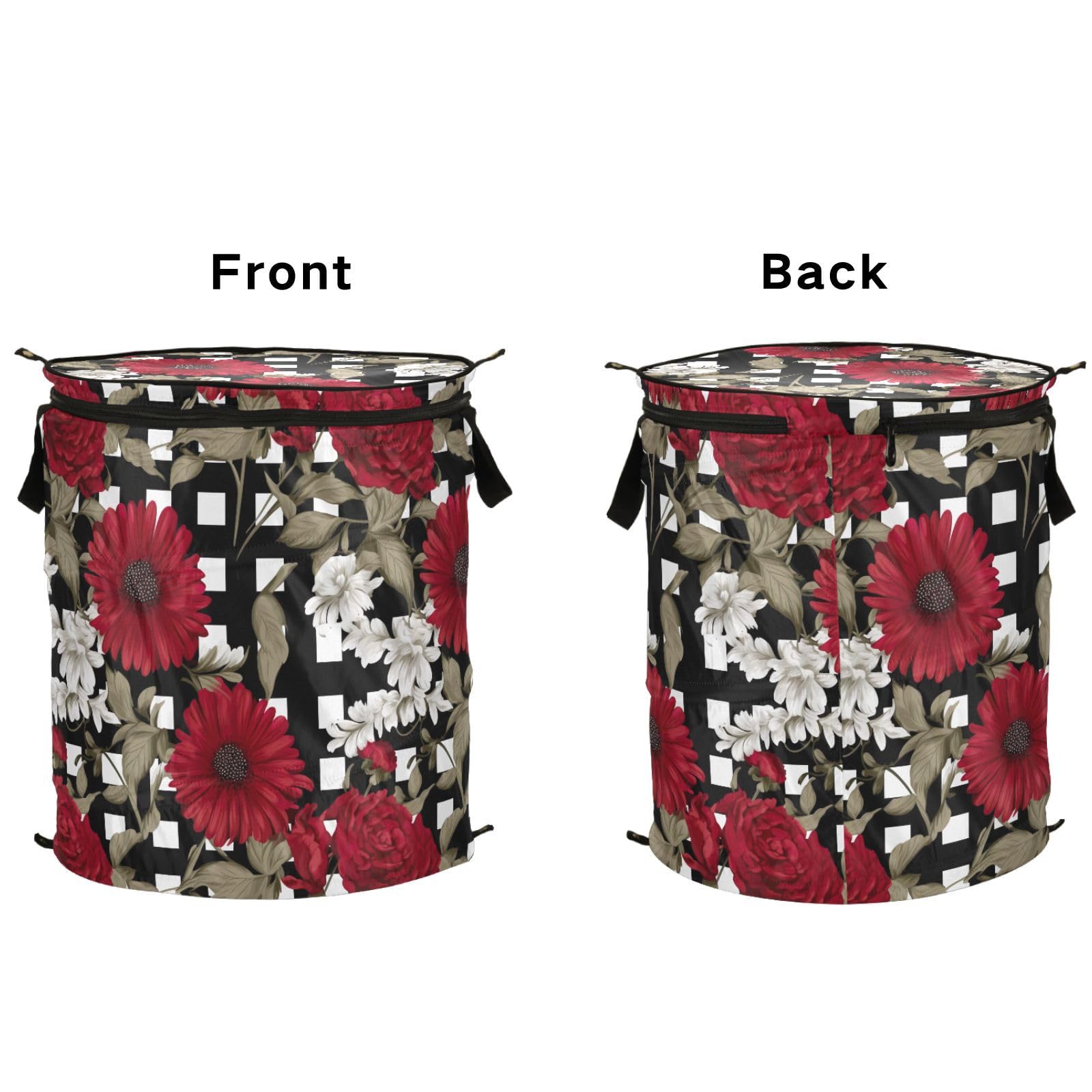 Floral Red Flowers on Black and White Gingham Foldable Basket for Laundry, Laundry Folding Bag, Laundry Basket for Room