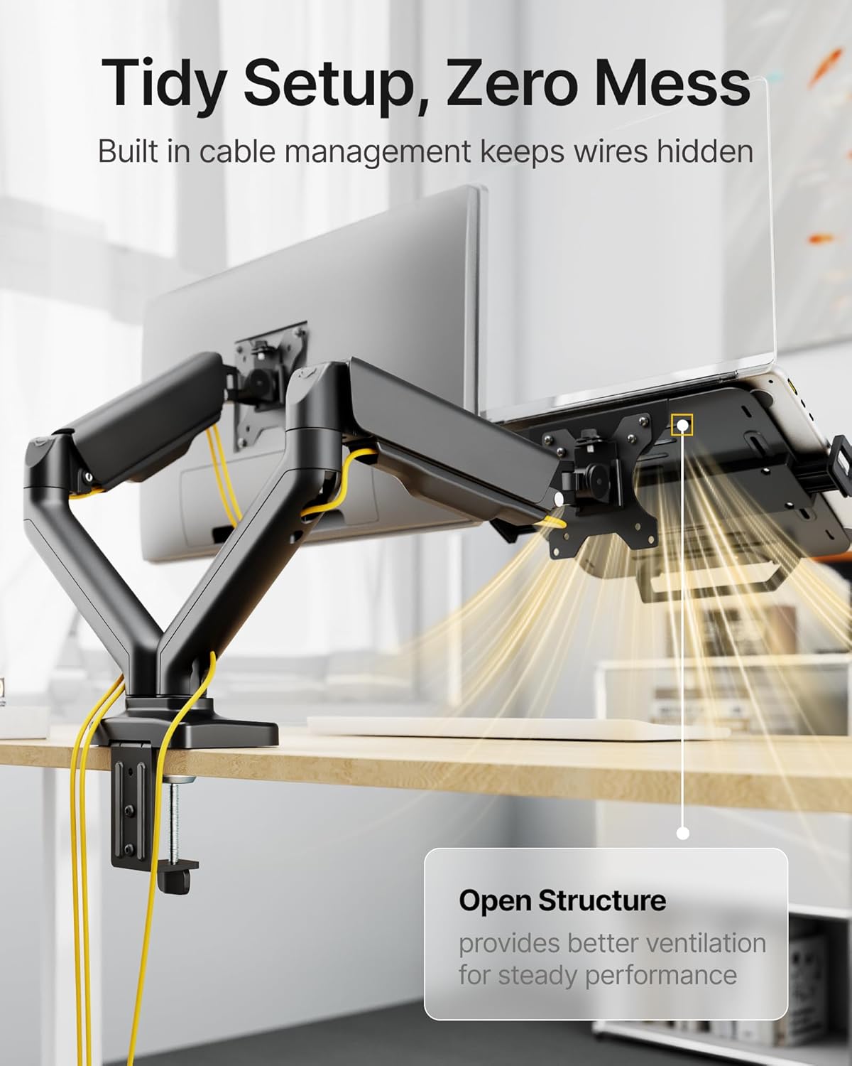 monTEK Laptop Arm Mount for Desk for Max 32” Screen and 18” Notebook, Dual Monitor Stand with Adjustable Laptop Holder, Holds up to 19.8 lbs, Full Motion Arm with Clamp/Grommet Base, 75/100 VESA Mount