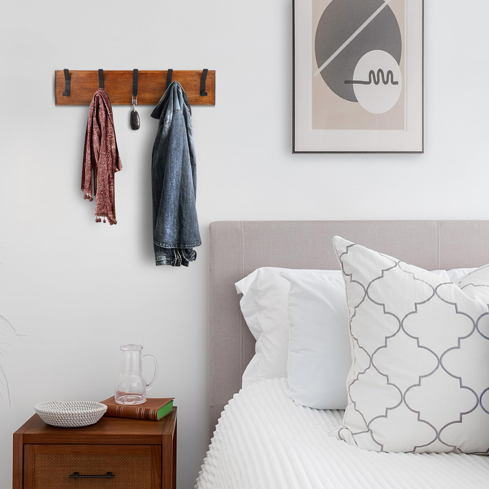 Dxlac 2 Pack Rustic Coat and Towel Rack with 5 Hooks Wood Wall Mounted Hanger for Entryway, Bathroom, Kitchen - Vintage Farmhouse Style for Clothes, Hats, Purse, Keys, Towels, Coats, Robes