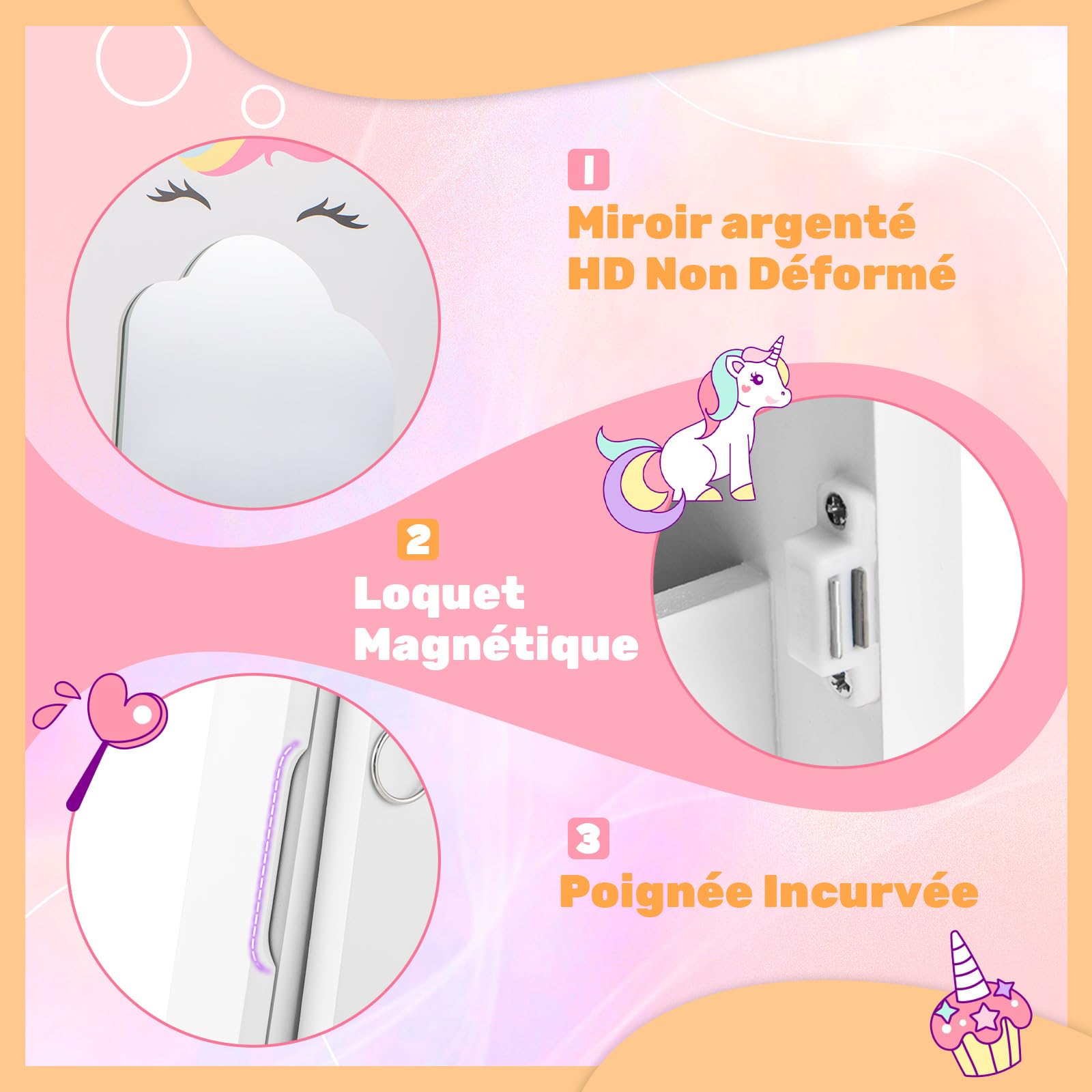 COSTWAY Armoire à Bijoux Enfant avec Miroir & Bac en Tissu, Organisateur à Bijoux en Motif Licorne avec 2 Angles d'Inclinaison, Dispositif Anti-basculement, Miroir sur Pied pour 3 Ans+ (Blanc)