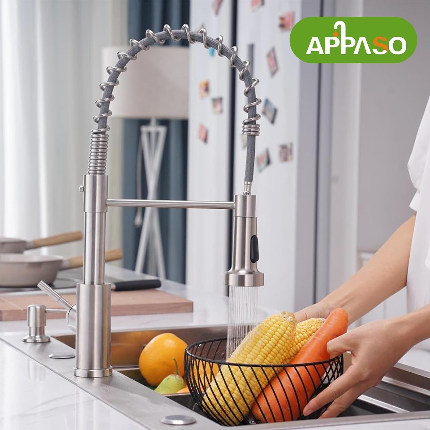 APPASO Touchless Kitchen Faucet, Motion Sensor Activated Hands-Free Smart Automatic Sink Faucet with Pull Down Sprayer Brushed Nickel, Battery-Powered