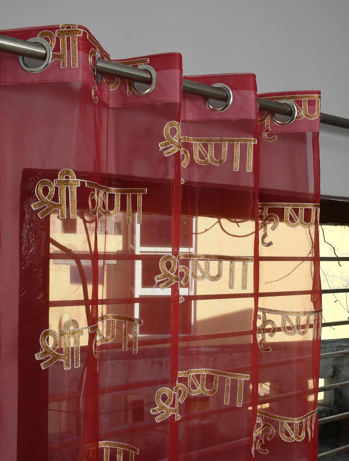 Embroidered Mandir Curtain | Red Puja 5Ft Window Curtain with Golden Shri Krishan Design | Decorative Temple Curtain for Home, Pooja Room & Mandir | Polyester | Washable | Pack of 4-image-2